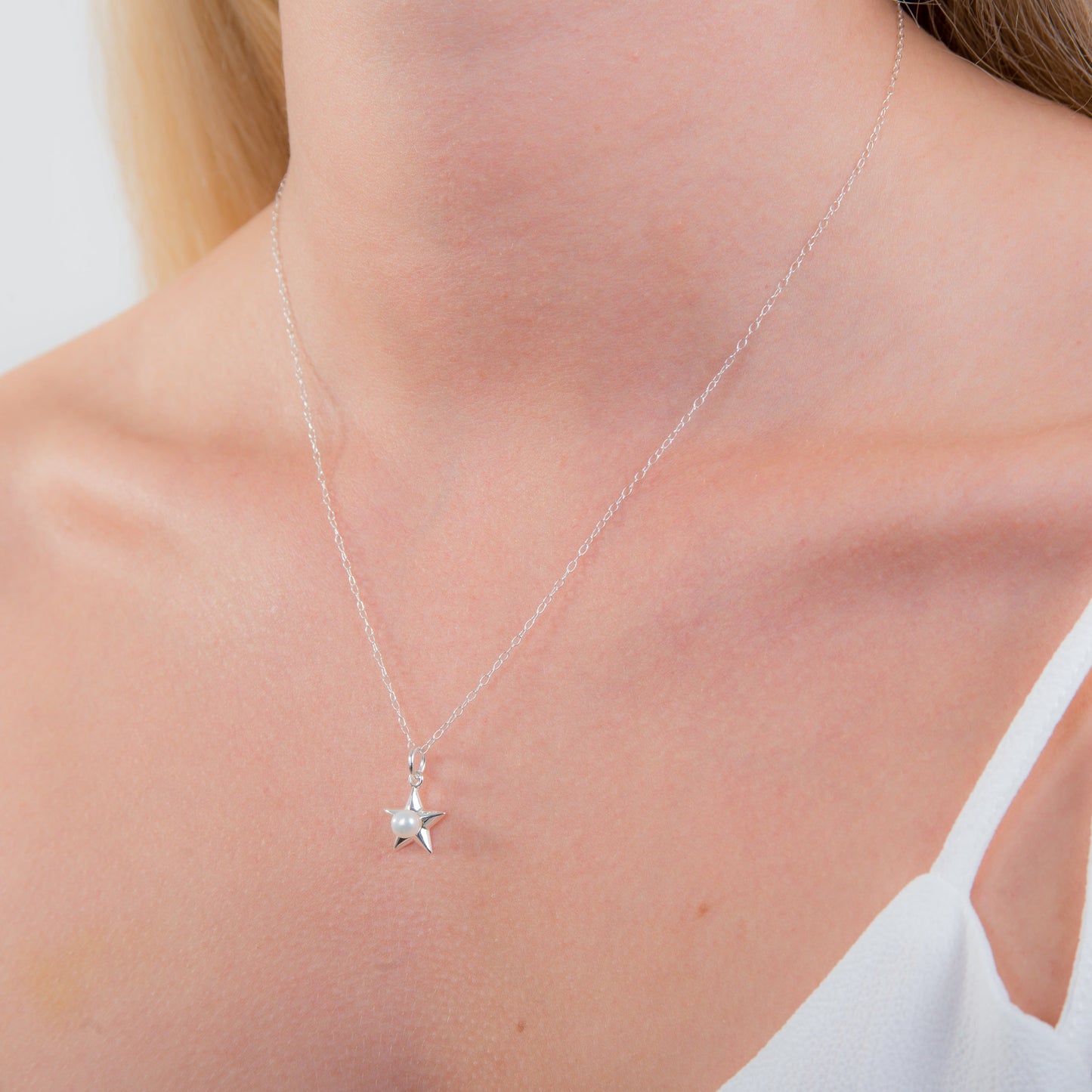 Halskette aus Sterlingsilber mit Perlen und Stern, 14–22 Zoll