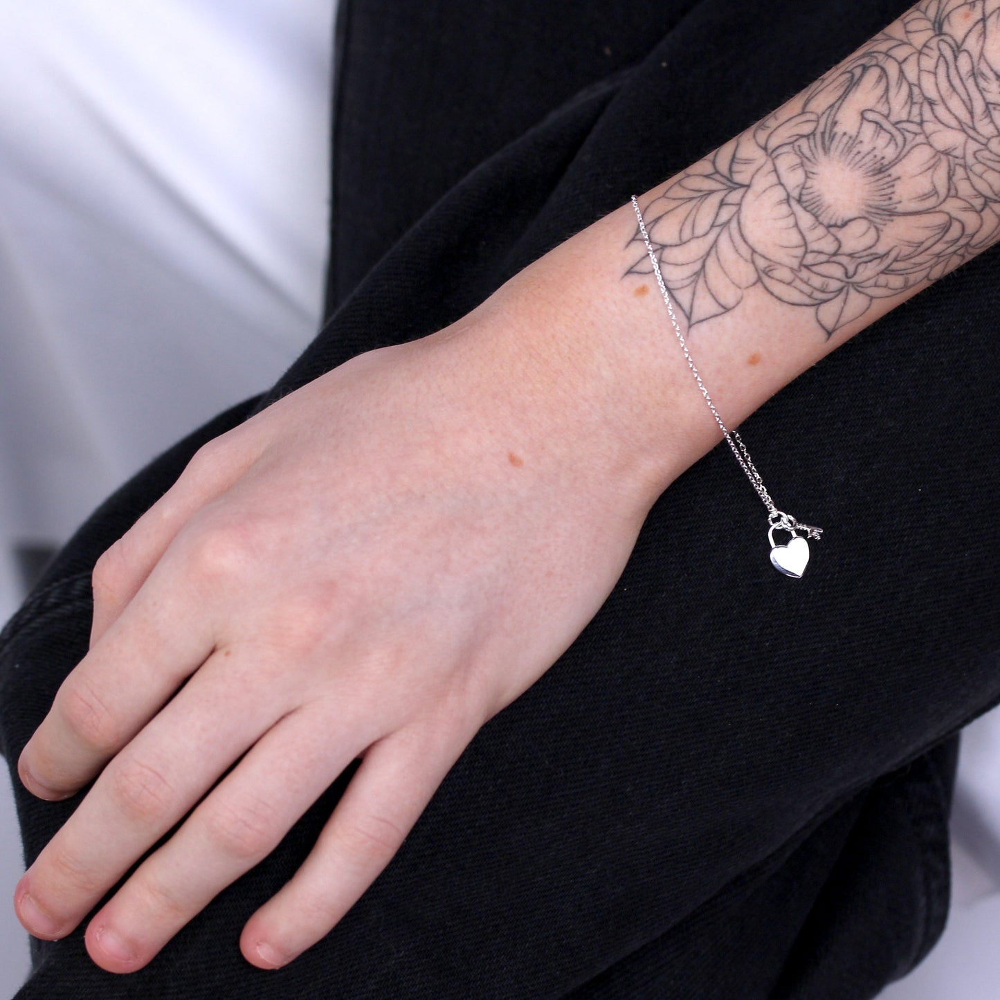 Sterlingsilber Schlüssel & Herz Vorhängeschloss Armband Einstellbar