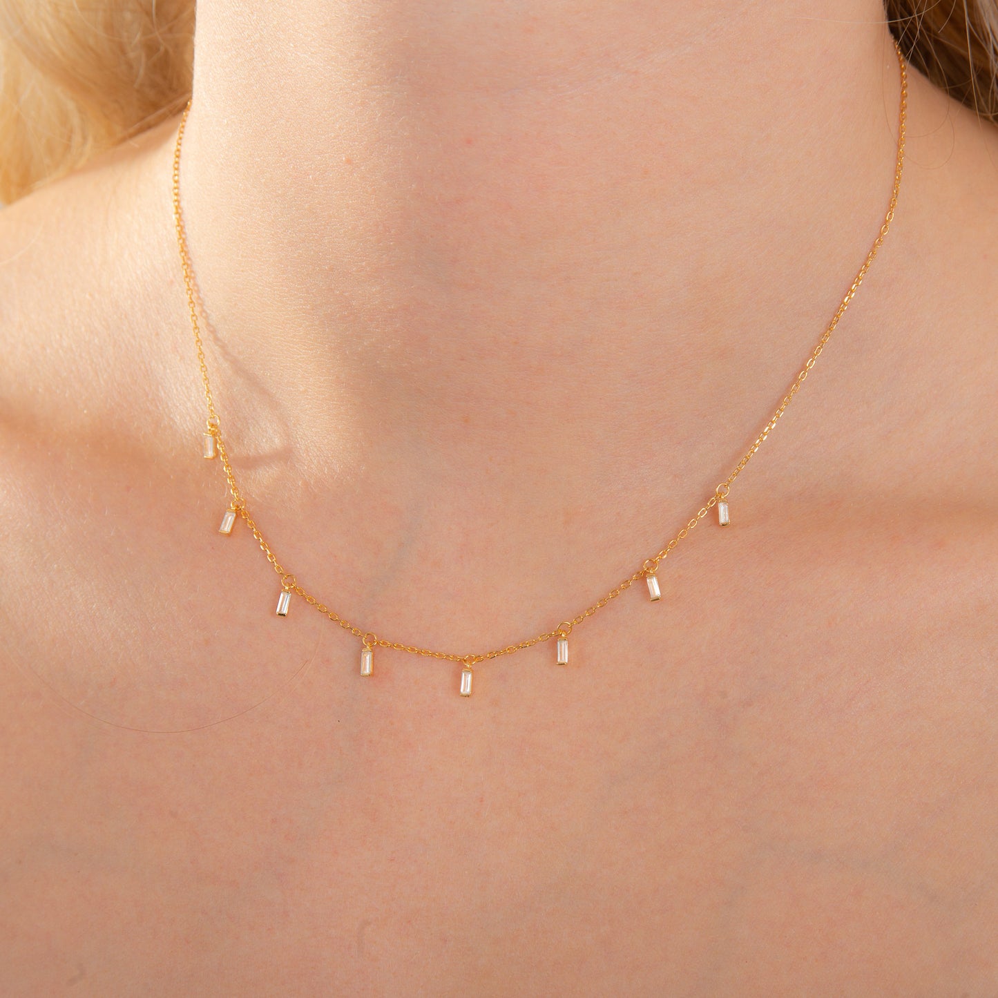 Vergoldet Sterlingsilber Mehrfach Winzig Baguetteschliff CZ Kristall Hänger Halskette