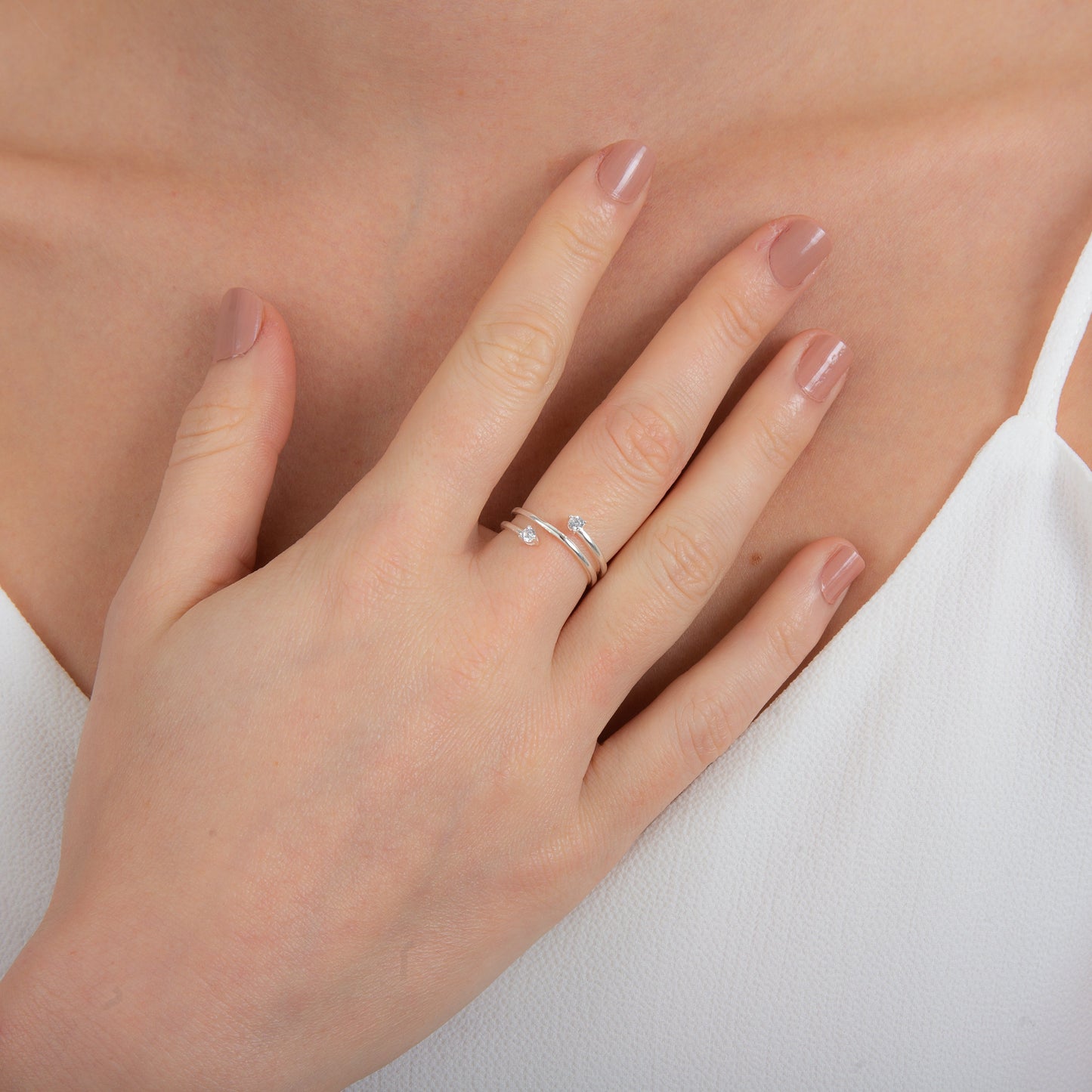 Sterlingsilber Doppel Rund Klar CZ Kristall Offen Verpackt Größenverstellbar Ring