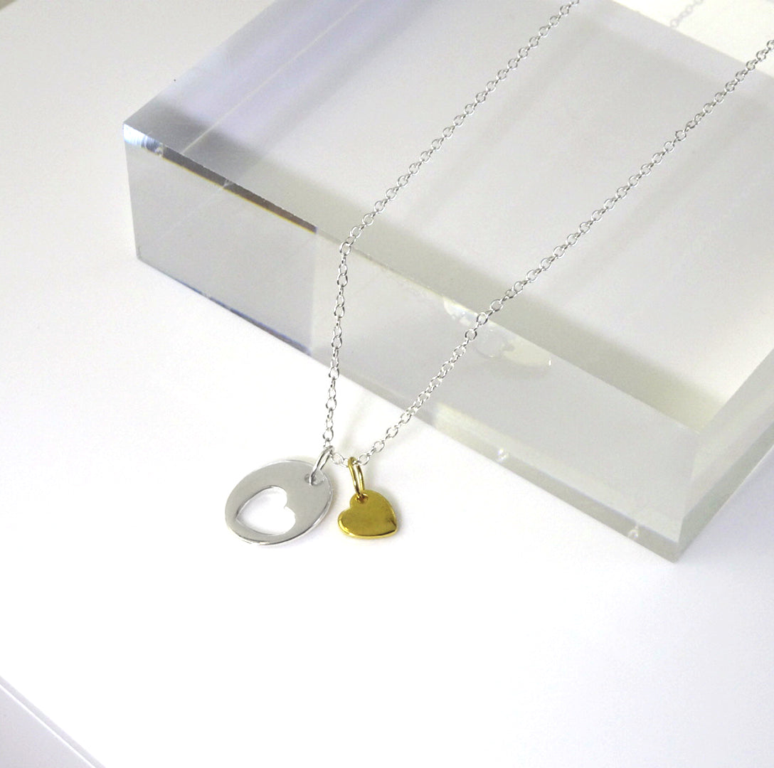 Sterlingsilber Ausgeschnitten Herz Scheibe & Gelbgold getaucht Herz Anhänger Halskette