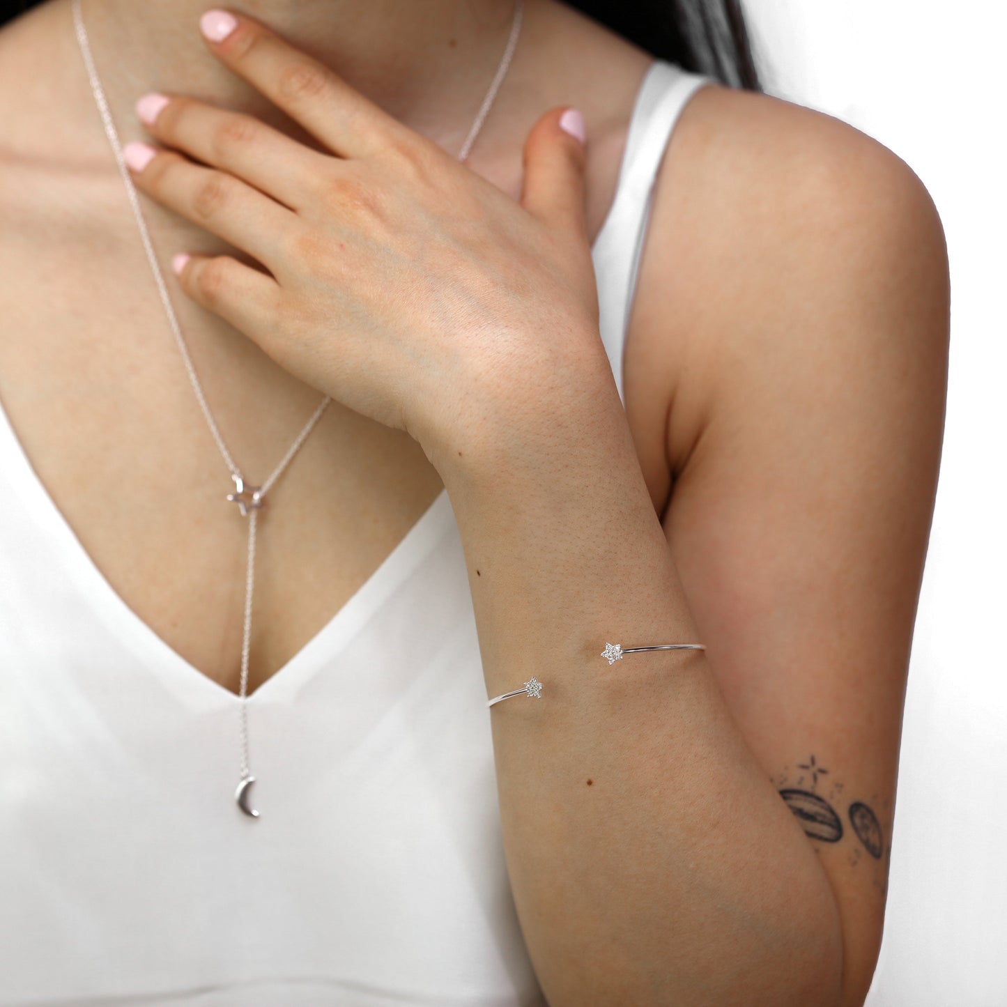 Sterlingsilber Stern Klar CZ Kristall Pavé - Fassung Offen Manschetten Armreif