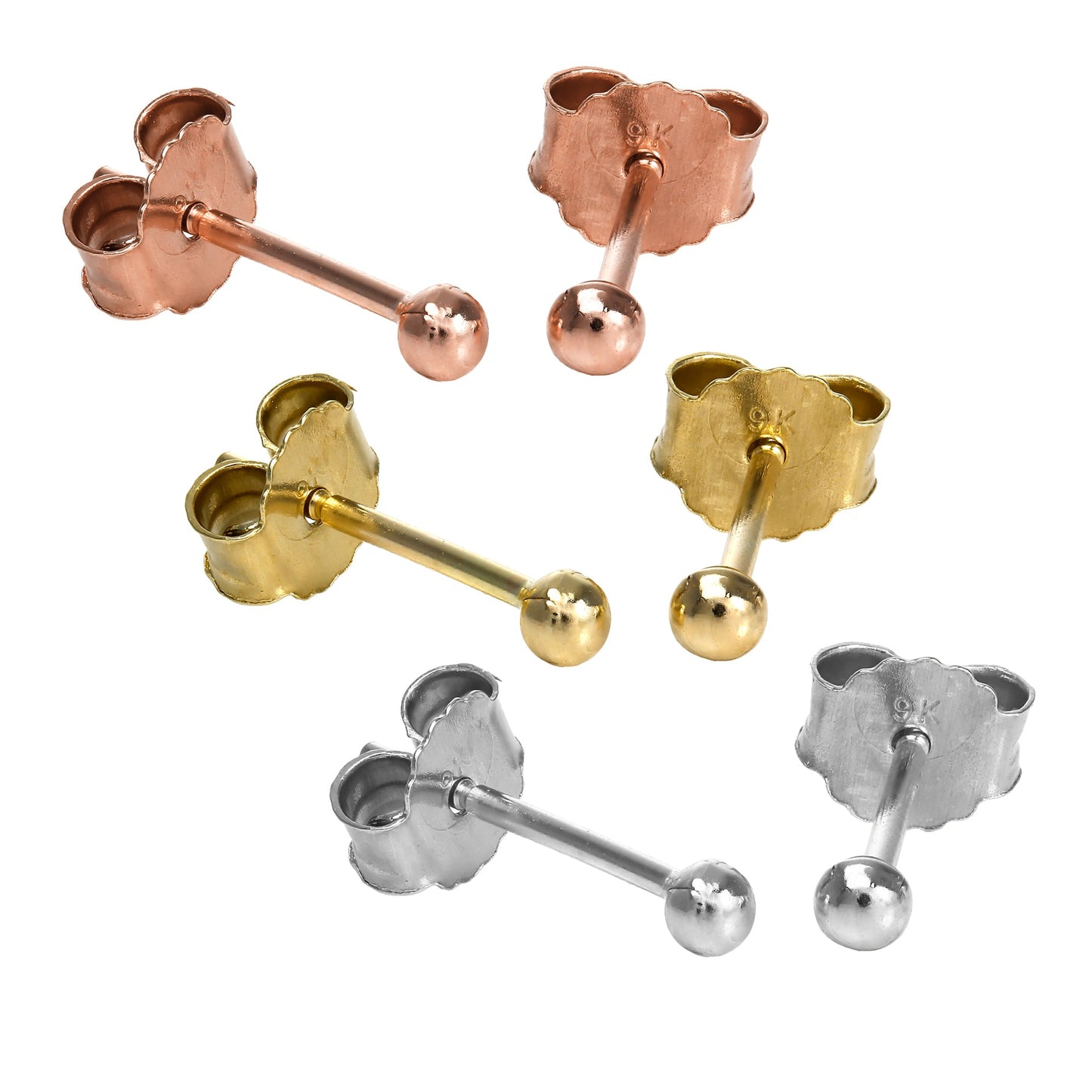 9 Karat Gelb - , Rosé - & Weiß Gold 2mm Ohrstecker Satz