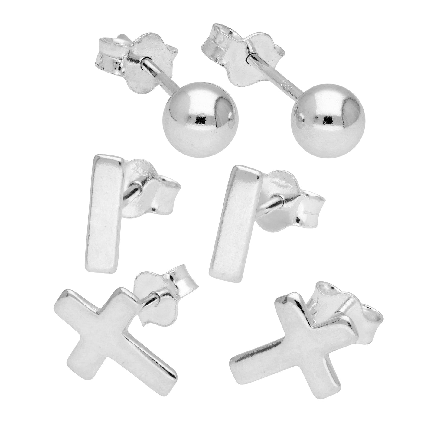 Sterlingsilber Kreuz Stab Kugel Misch Ohrstecker 3er Satz