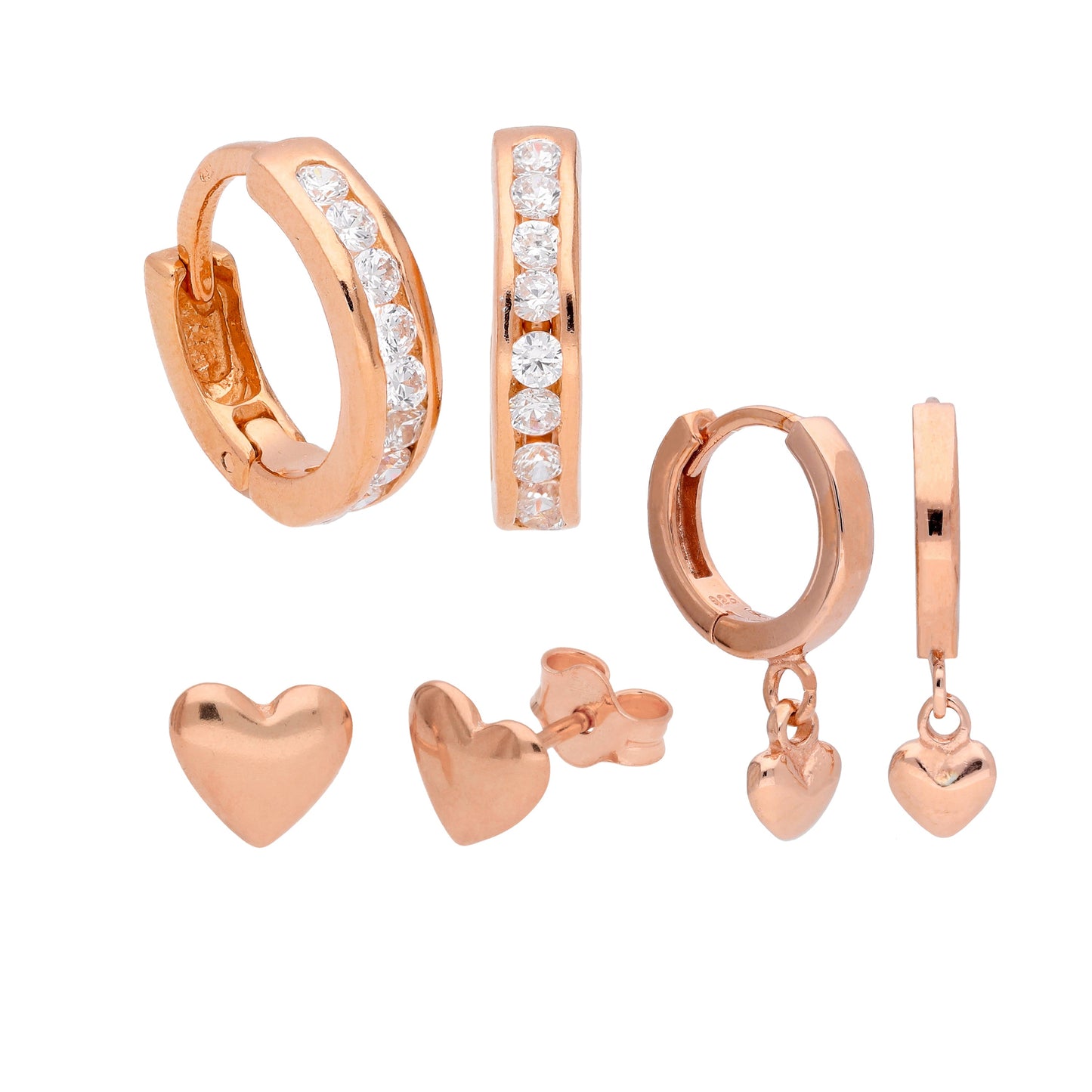 Rosévergoldet Sterlingsilber CZ & Herz Klappcreolen Ohrringe & Ohrstecker Satz