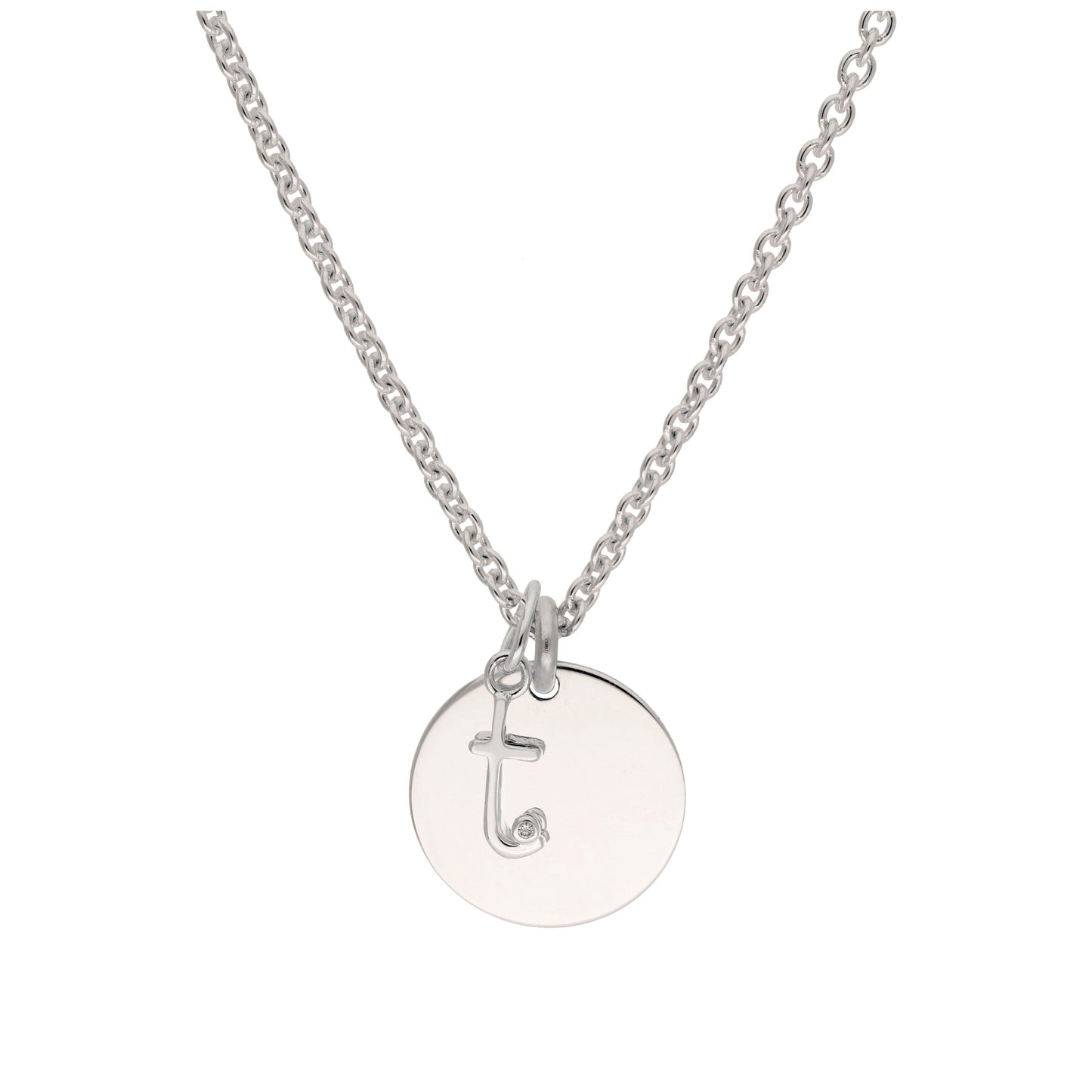 Sterling Silver 0.4pts Diamond Letter A - Z & Engravable Round Tag Necklace 16 - 24 Inches