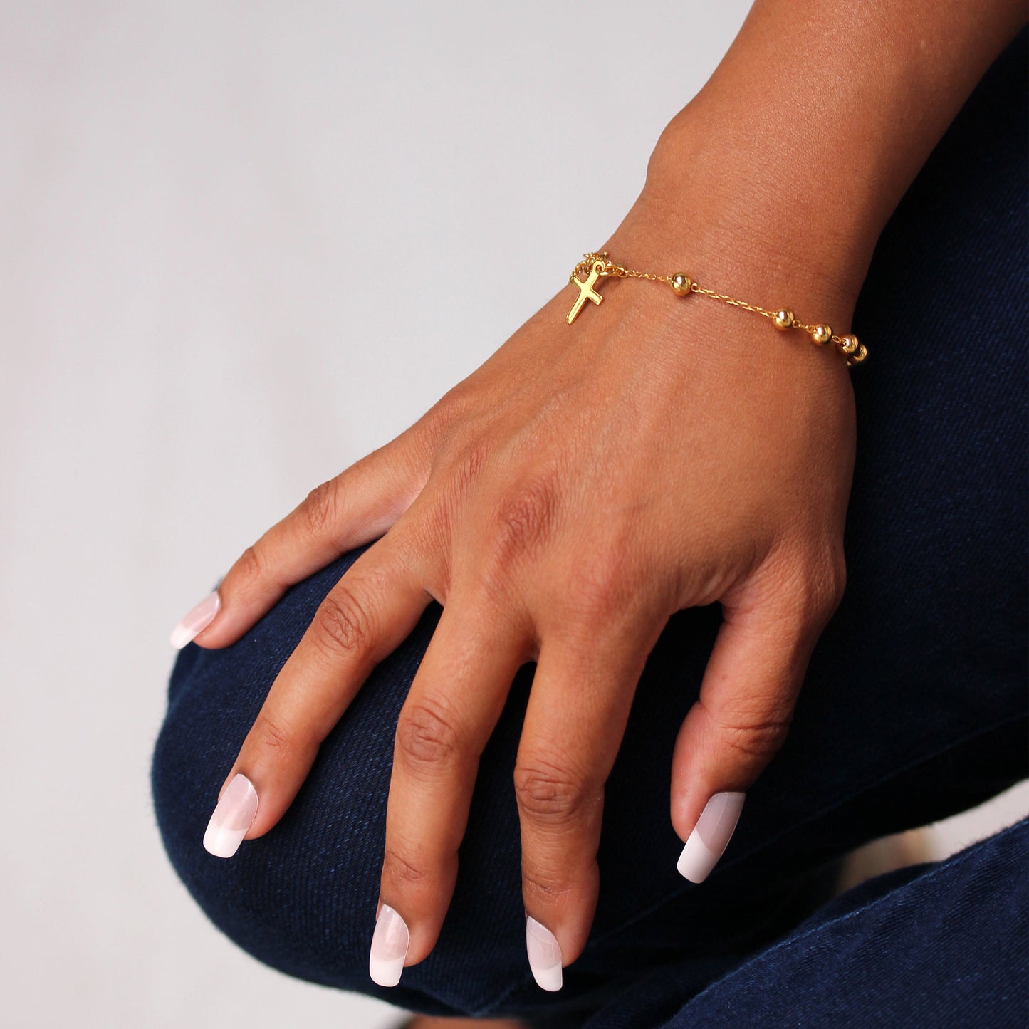 Schweres, vergoldetes Rosenkranzarmband aus Sterlingsilber – 16,5 cm + 2,5 cm Verlängerung