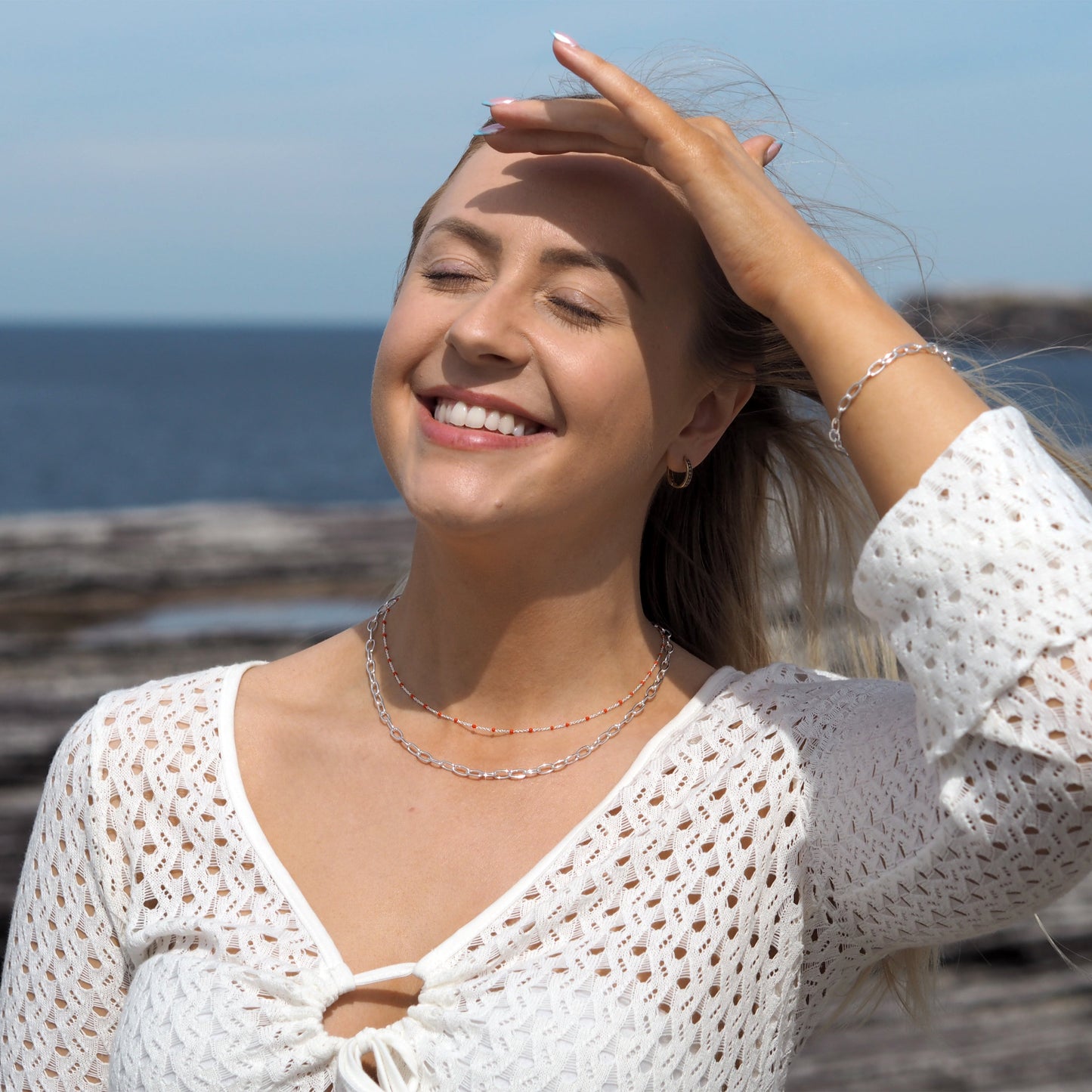 Fine Sterling Silver & Orange Enamel Confetti Chain Necklace - 16 Inches