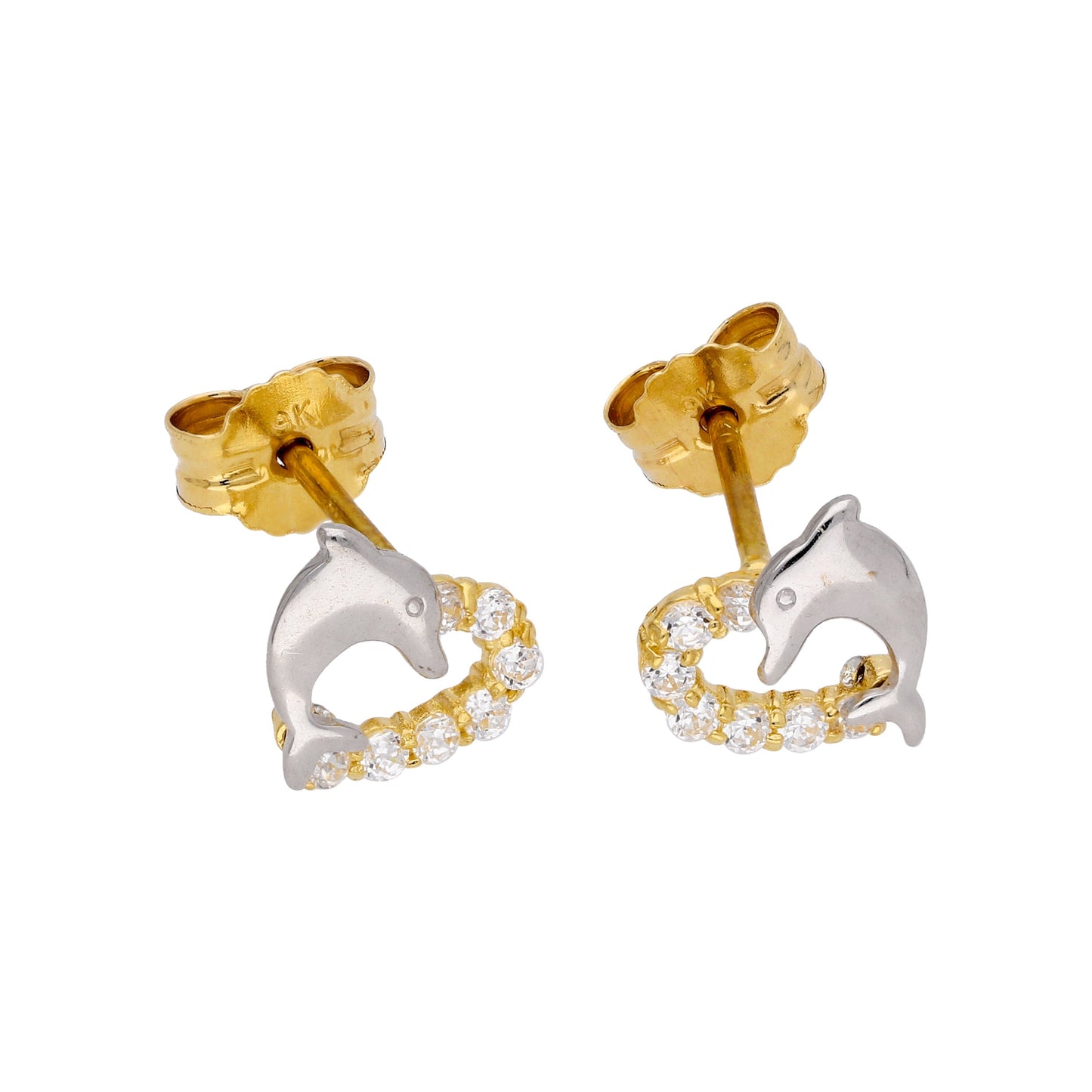 9 Karat Gold & CZ Kristall Offen Herz & Delfin Ohrstecker
