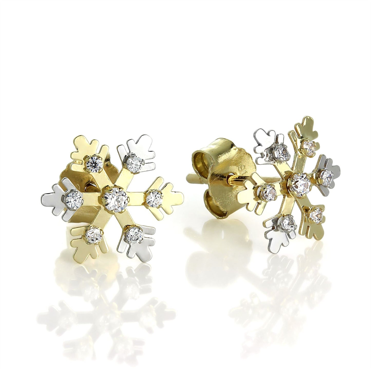 9 Karat Weiß- und Gelbgold-Ohrstecker mit Schneeflocke und Zirkonia