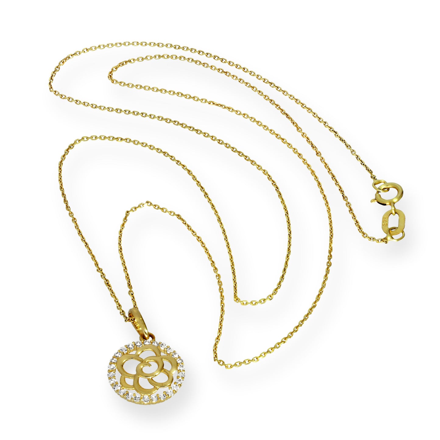 9 Karat Gold & CZ Kristall Offen Blume Anhänger Halskette 40,5 - 51cm