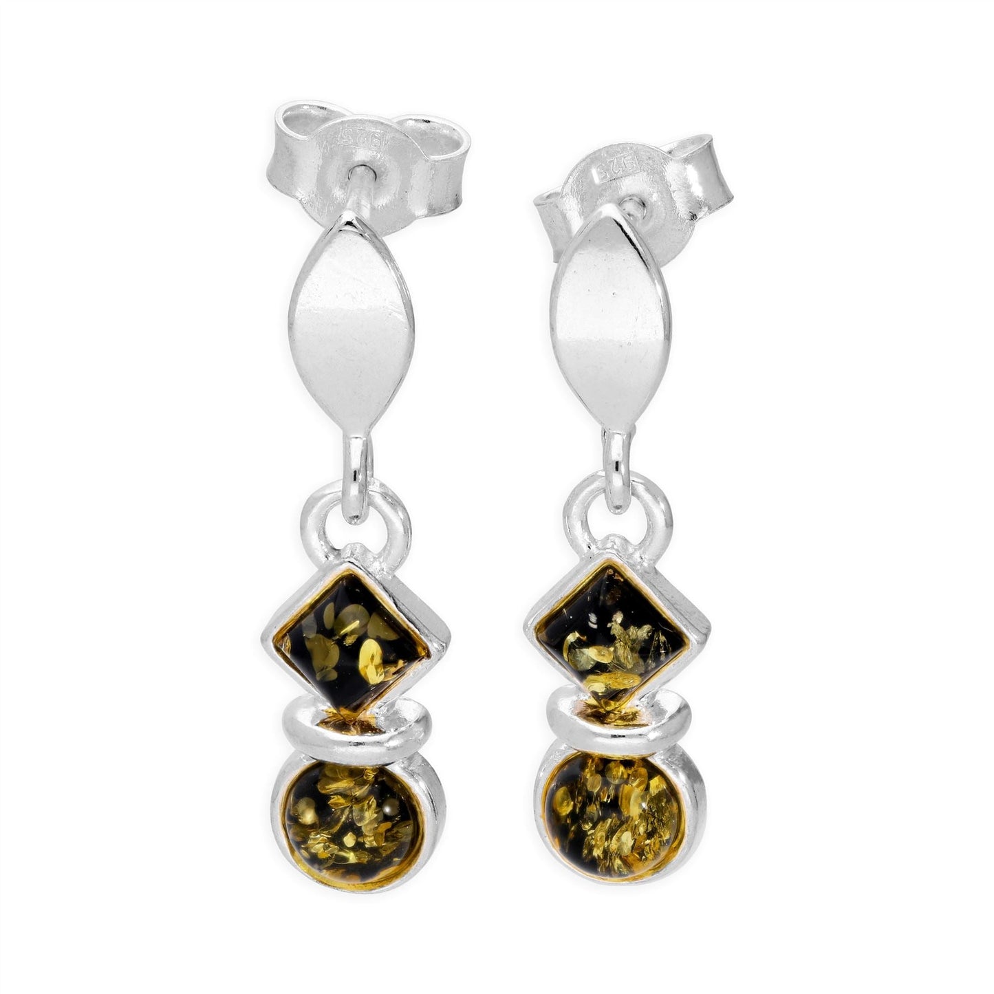 Ohrstecker aus Sterlingsilber und grünem baltischem Bernstein in Kreis- und Quadratform