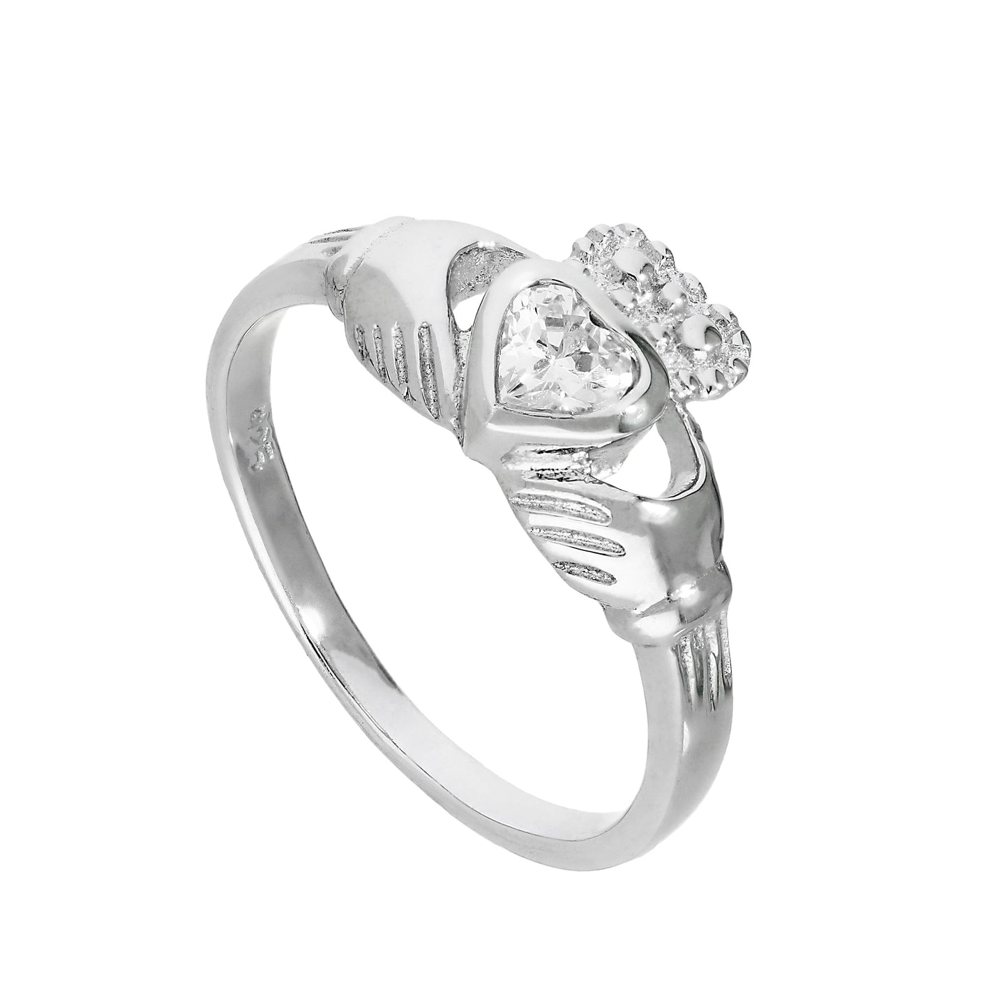 Claddagh-Ring aus Sterlingsilber mit klarem CZ-Kristall, Geburtsstein für April, Größen I–U