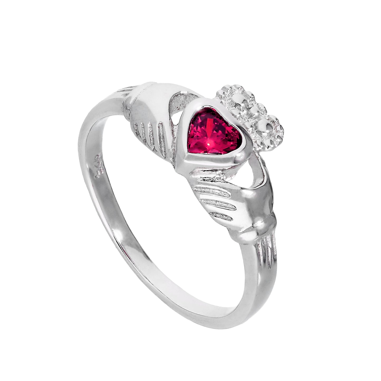 Sterling Silber & Rubin CZ Kristall Claddagh-Ring mit Geburtsstein für den Monat Juli Größen I - U
