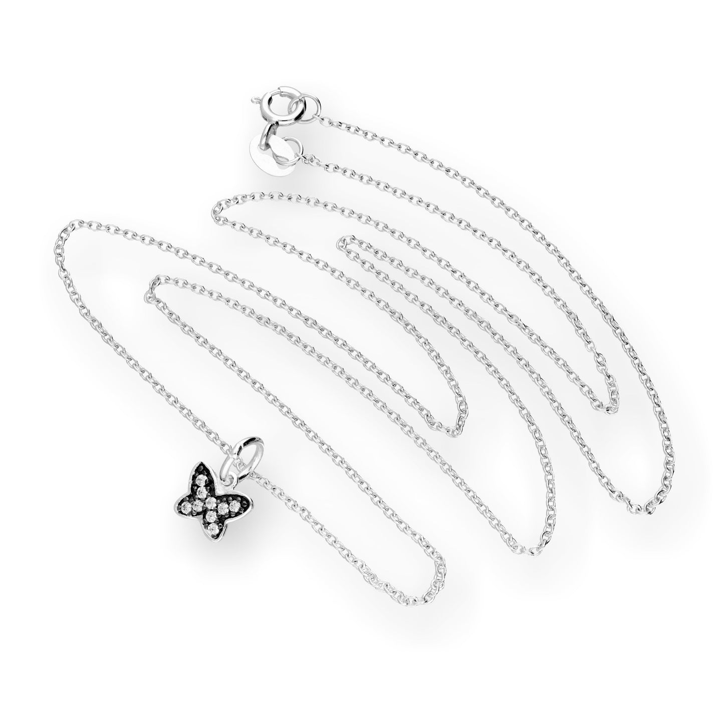 Halskette aus Sterlingsilber mit Schmetterling aus CZ-Kristallen und schwarzem Rhodium, 40–56 cm