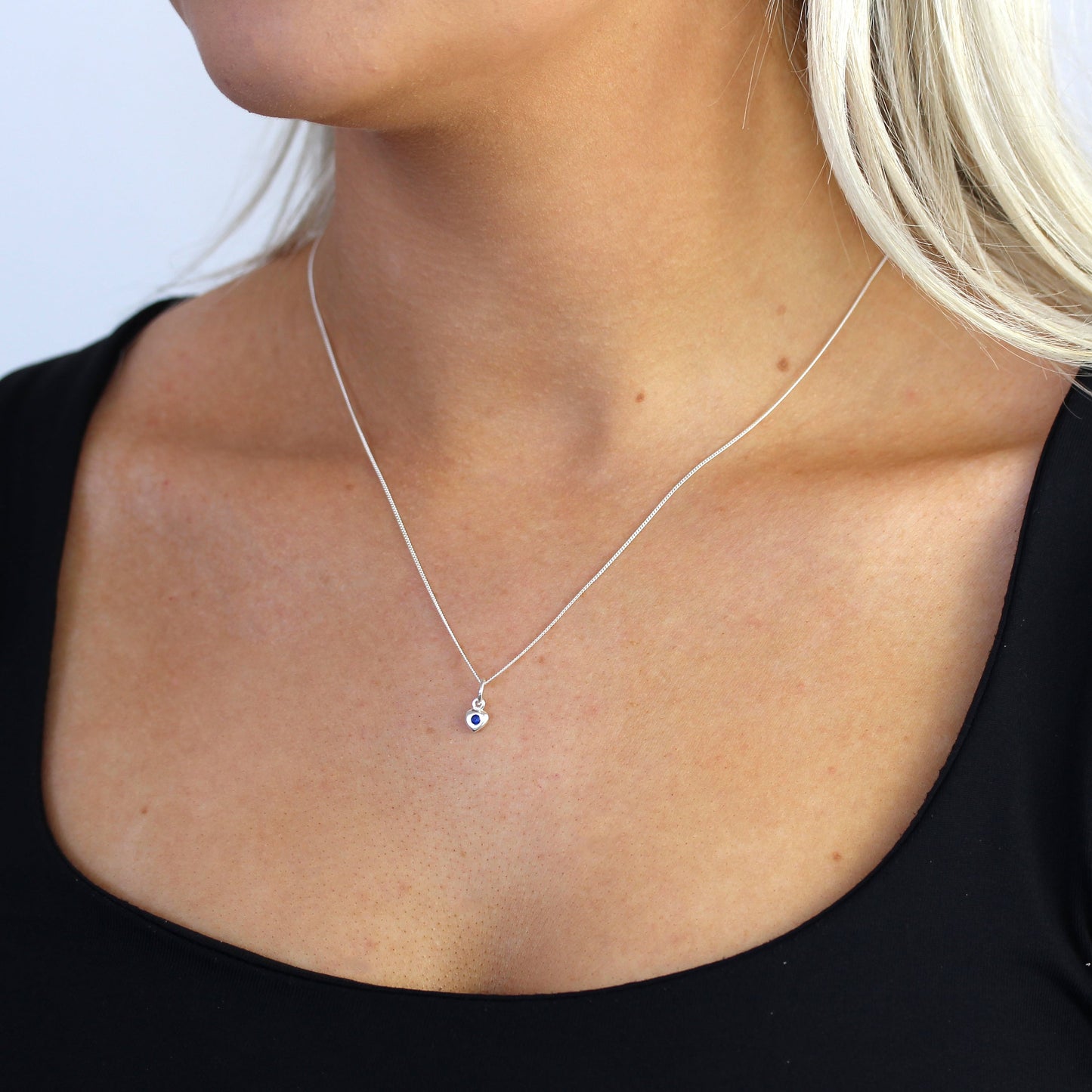 Sterling Silber & Saphir CZ Kristall September Geburtsstein Herz Halskette