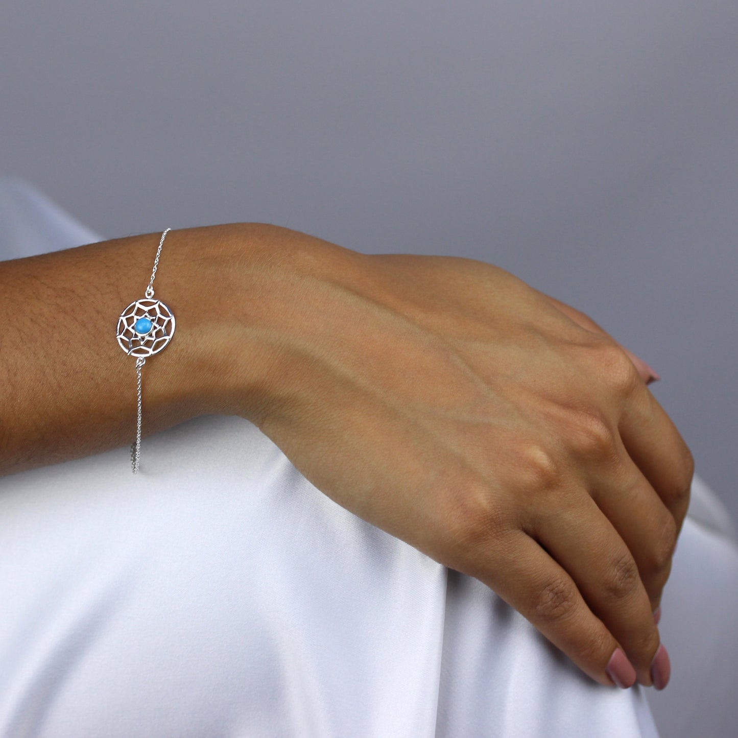 Sterlingsilber & Blau Emaille Traumfänger Armband 18cm