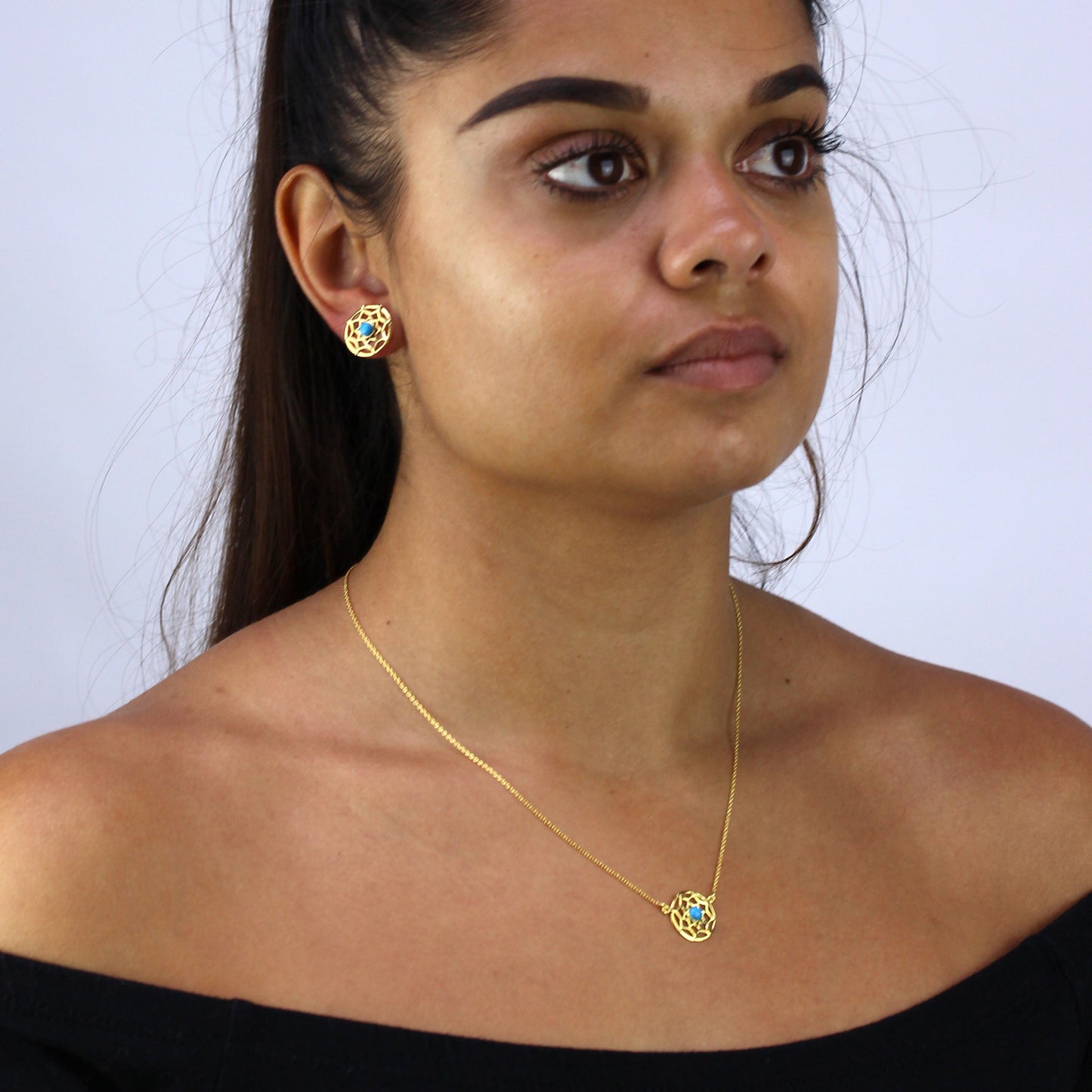 Vergoldetes Sterling Silber & blaue Emaille Traumfänger Ohrringe