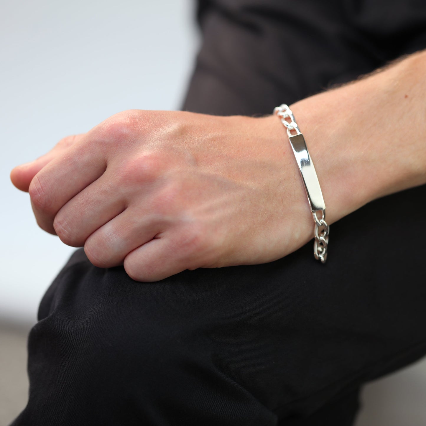 Sterlingsilber 7mm Diamantschliff Panzer Herren Gravierbar Namensschild Armband 20,5cm