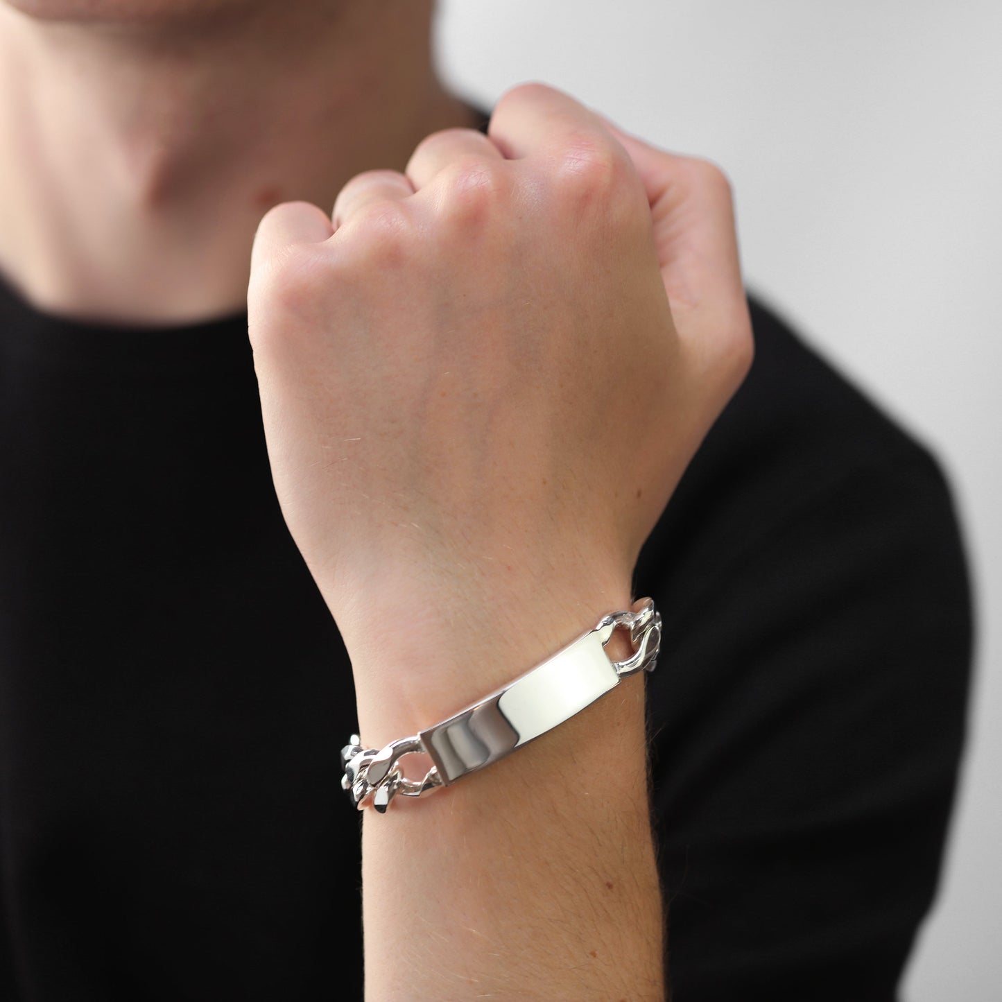 Sterlingsilber Dick Schwer 15mm Panzer Herren 20,5cm Namensschild Armband