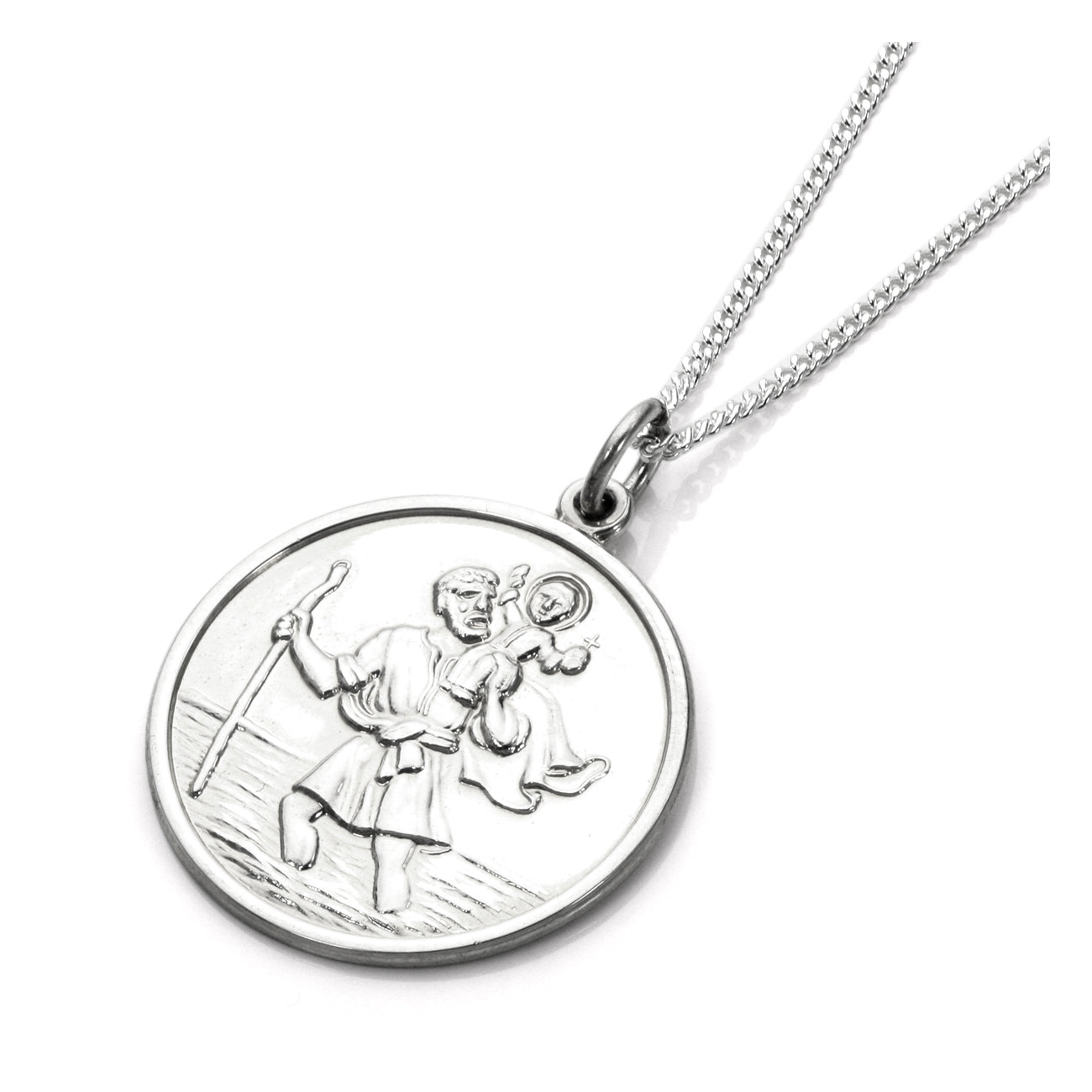Großer runder Anhänger „Heiliger Christophorus“ aus Sterlingsilber – 16–24 Zoll