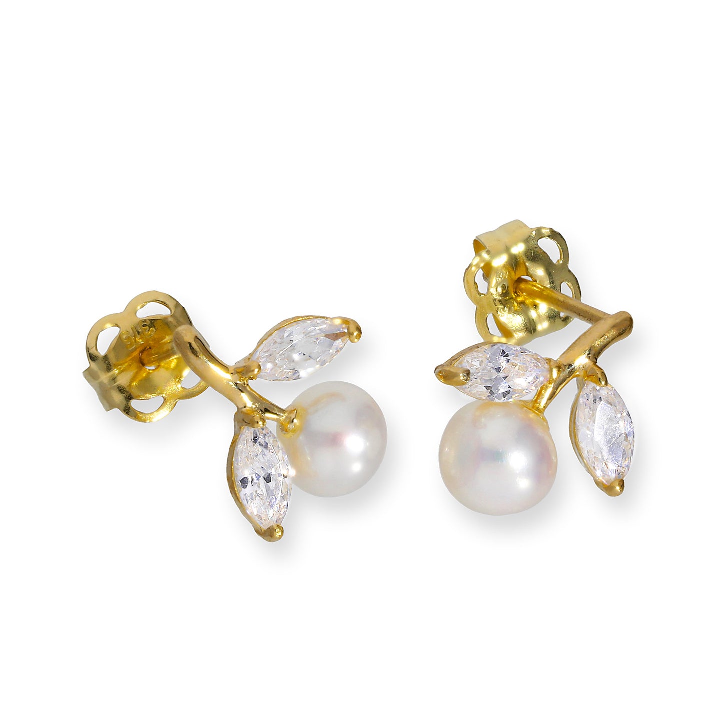 9 Karat Gold & Perle Blume mit CZ Kristall Blättern Ohrstecker