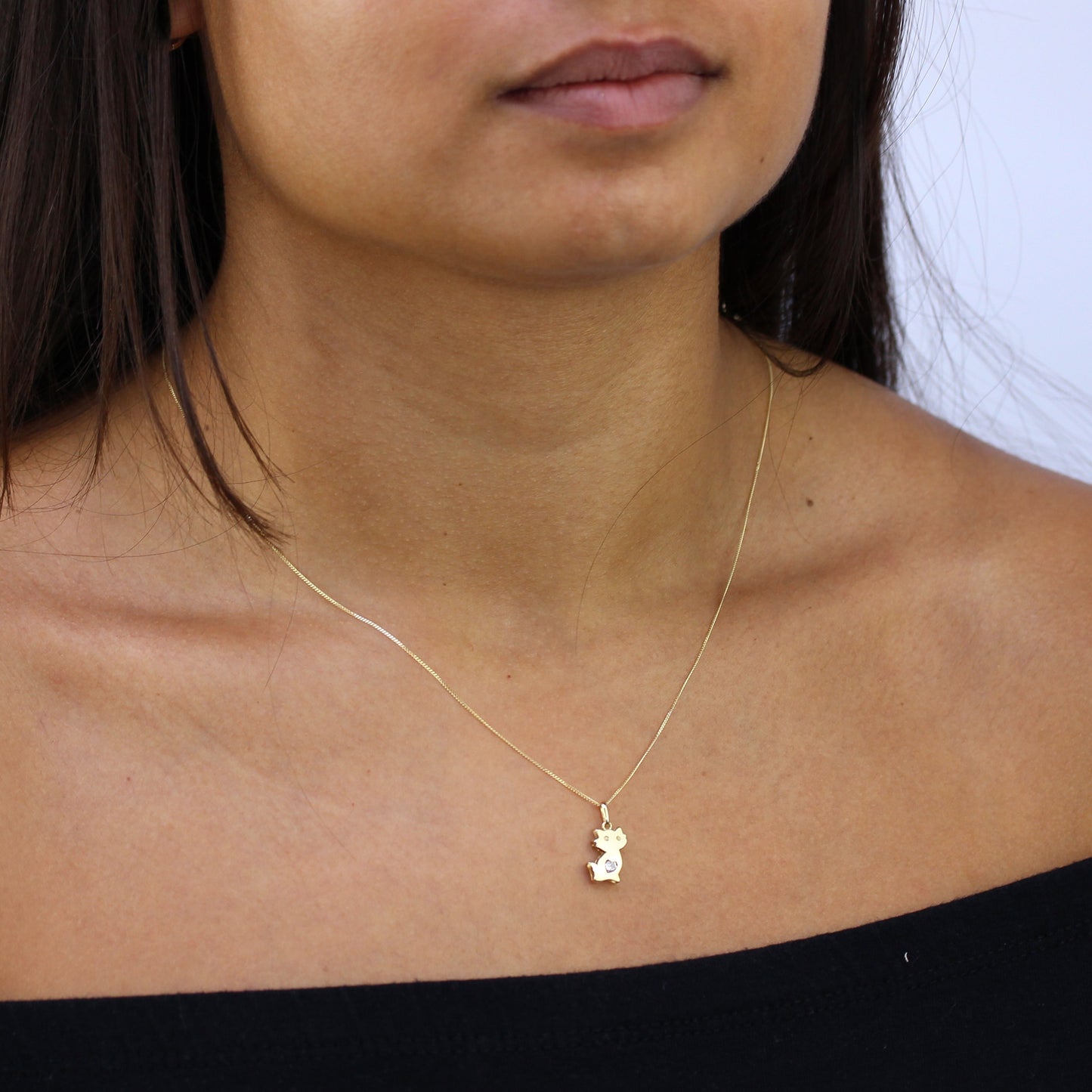 Halskette mit Anhänger aus 9 Karat Gold und klarem Zirkonia-Katzenmotiv, 40–50 cm