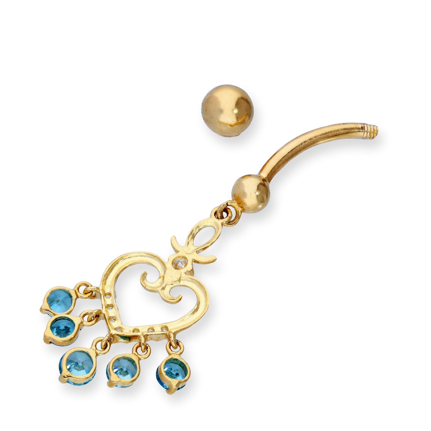 9 Karat Gold & Klar CZ Kristall Hängend Hübsches Herz Kugelende Bauchnabelstange