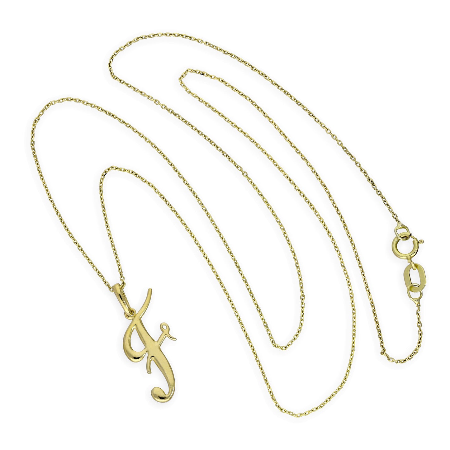 Halskette mit Anhänger aus 9 Karat Gold mit verschnörkelter Kalligraphie-Schrift und Buchstabe F, 16–20 Zoll