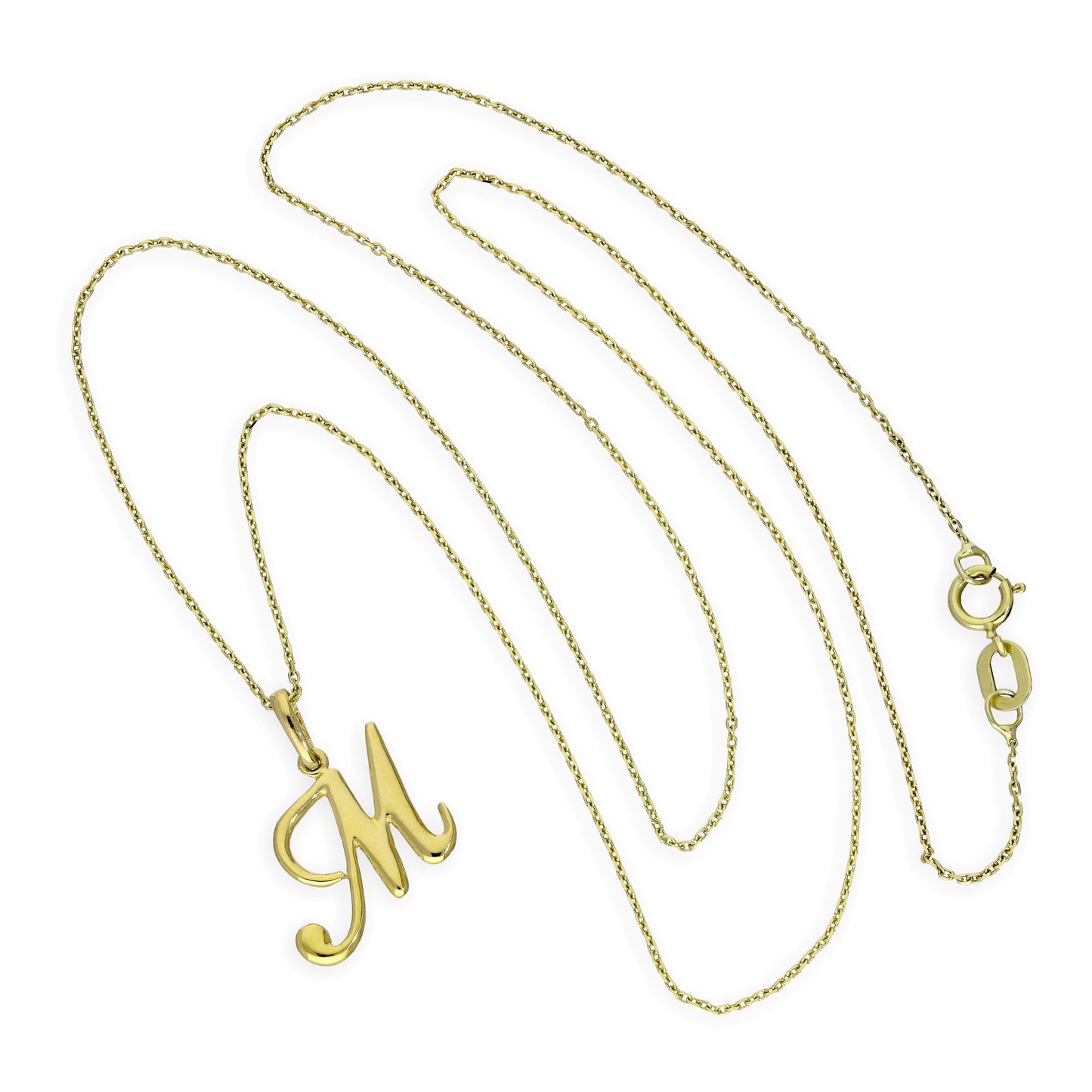 Halskette mit Anhänger aus 9 Karat Gold mit verschnörkelter Kalligraphie-Schrift und Buchstabe M, 40–50 cm