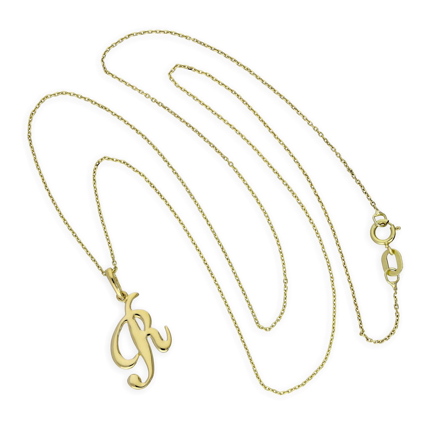 Halskette mit Anhänger aus 9 Karat Gold mit verschnörkelter Kalligraphie-Schrift und Buchstabe R, 40–50 cm