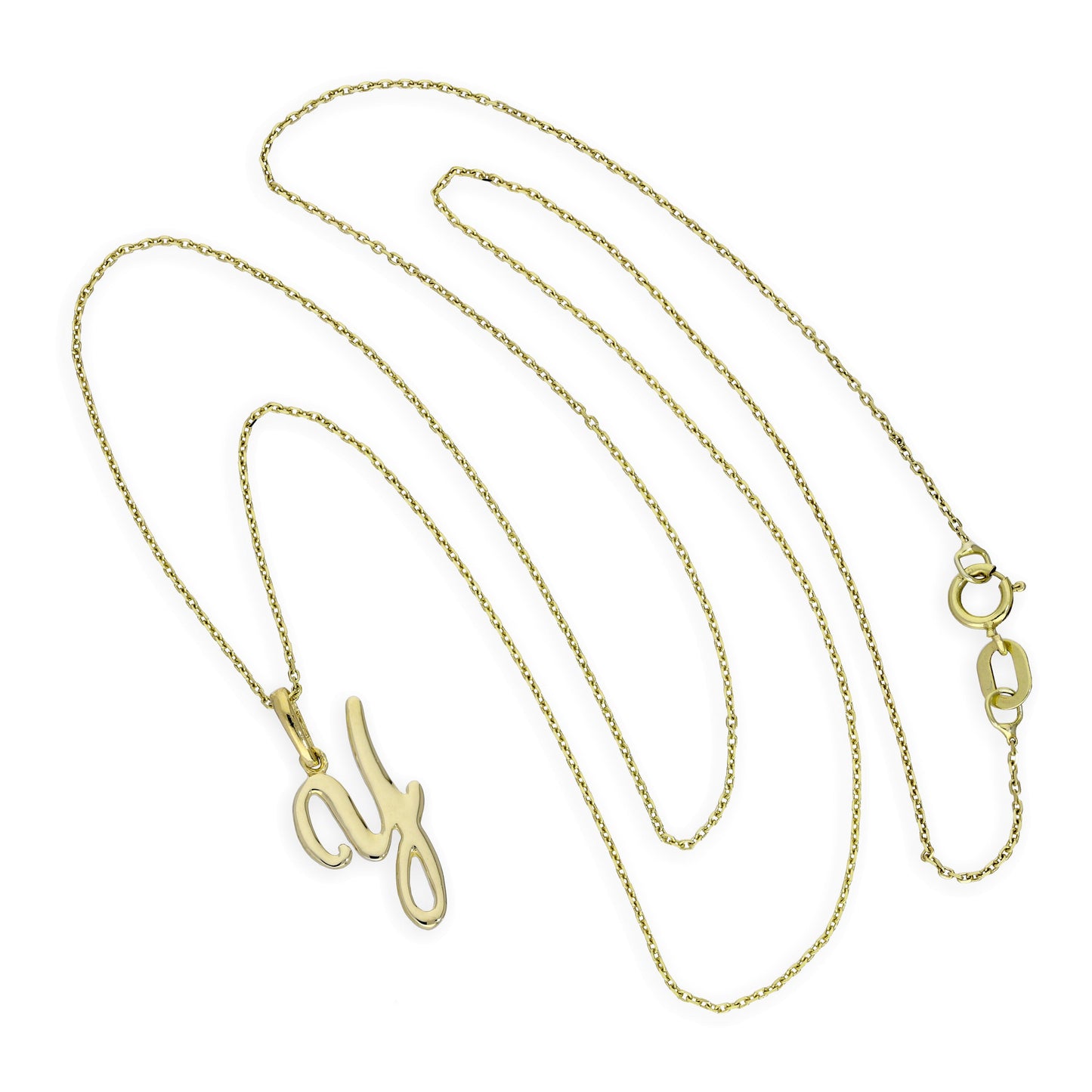 Halskette mit Anhänger aus 9 Karat Gold mit verschnörkelter Kalligraphie-Schrift und Buchstabe Y, 16–20 Zoll