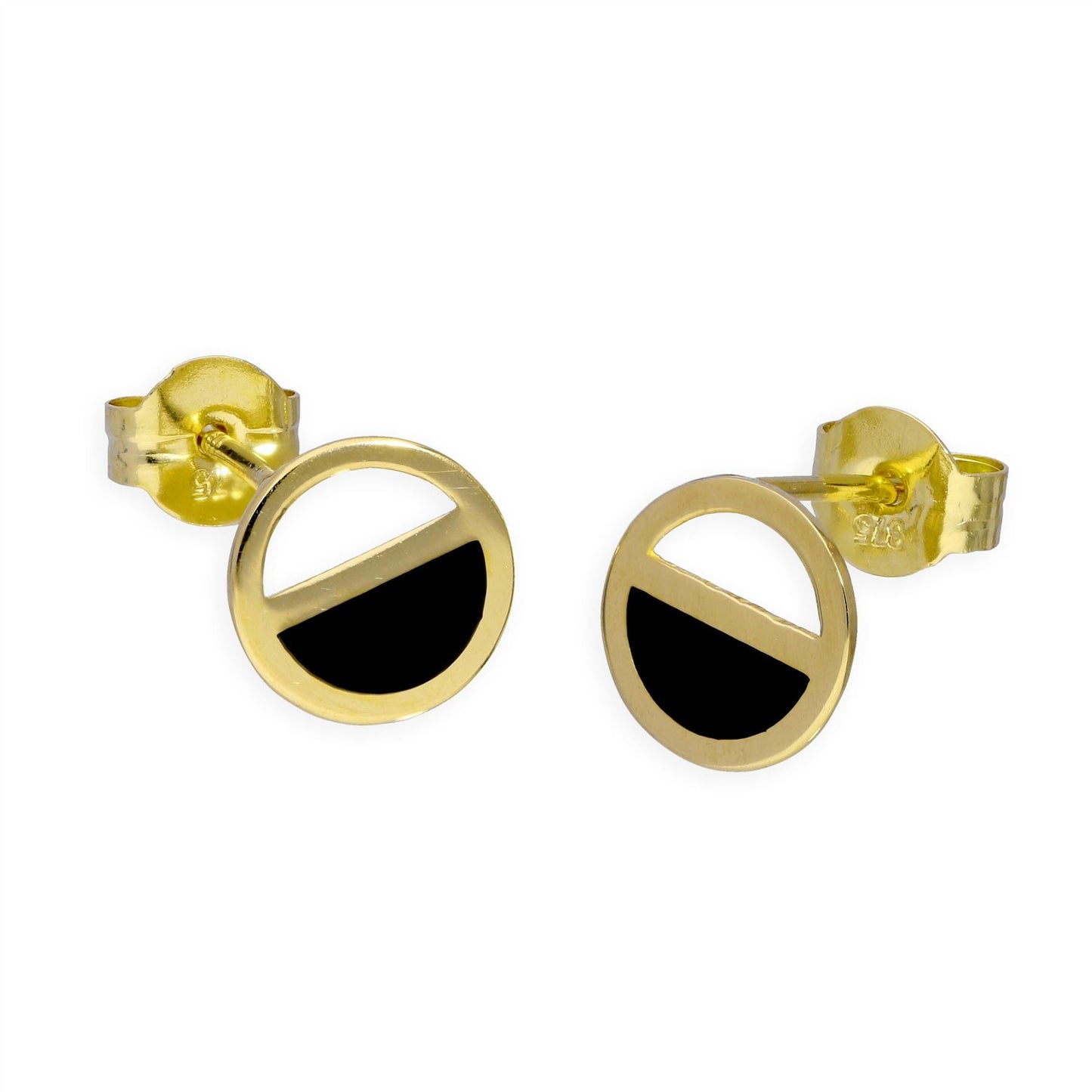 9 Karat Gold und schwarz emaillierte zweifarbige runde Ohrstecker