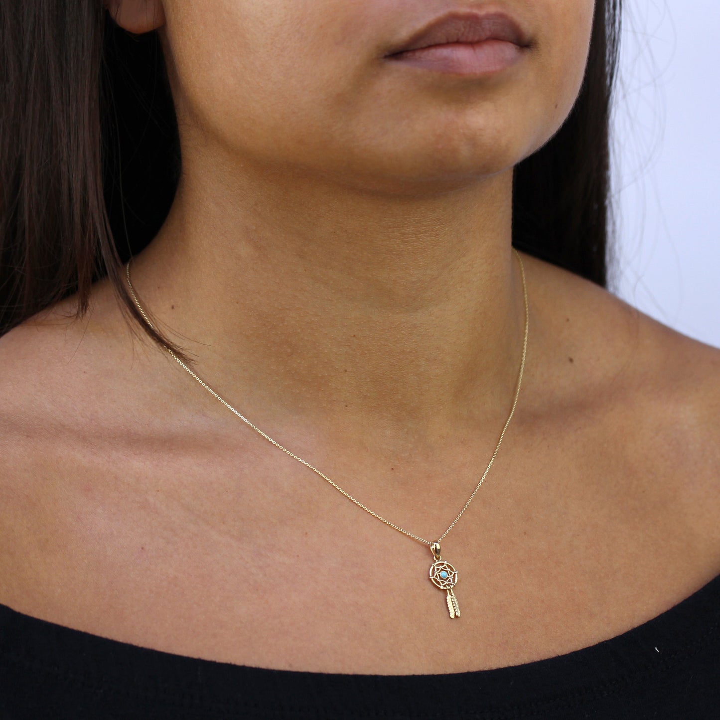 Halskette mit Traumfänger-Anhänger aus 9 Karat Gold und blauem Emaille, 40–50 cm