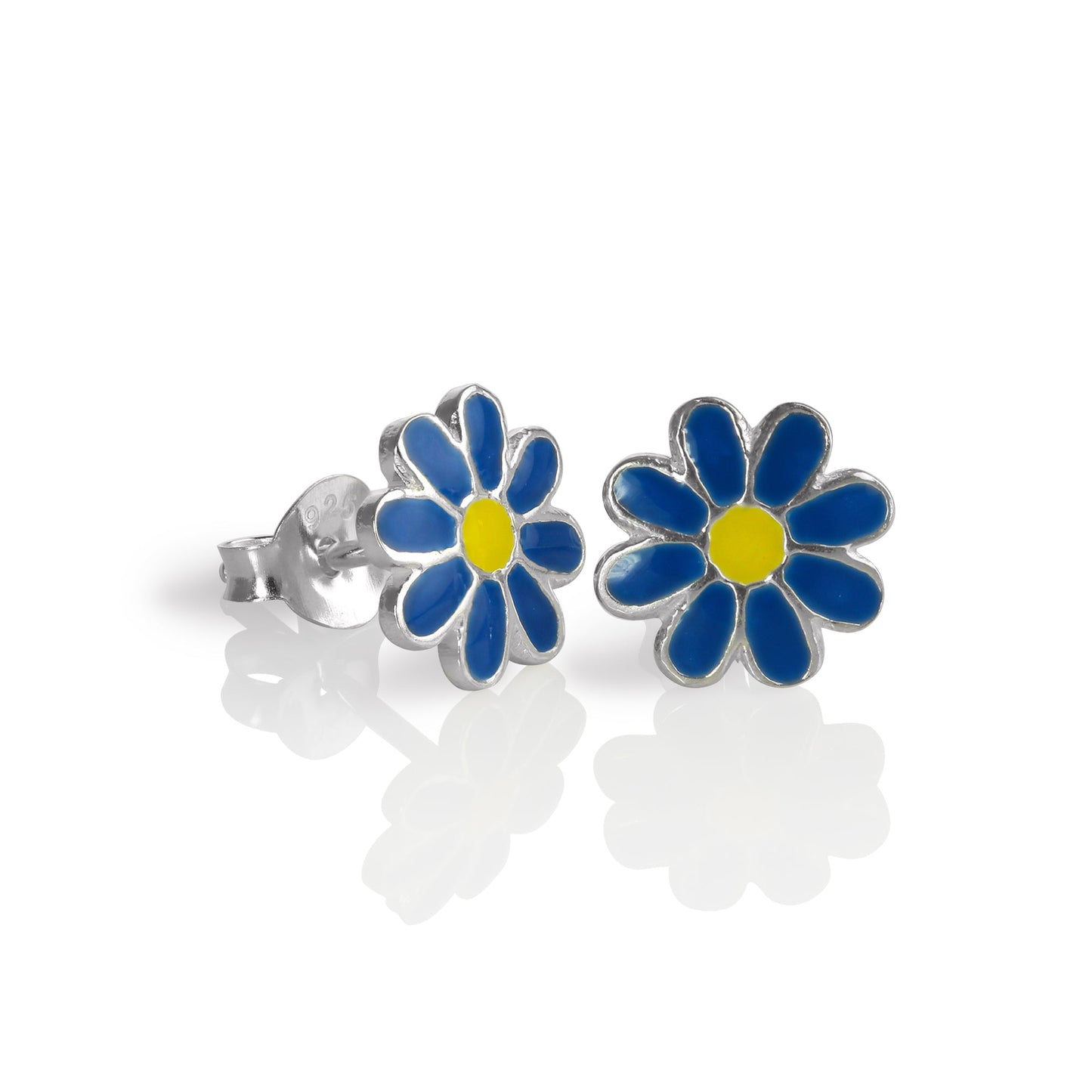 Sterlingsilber & Emaille Flach Blume Ohrstecker - Blau