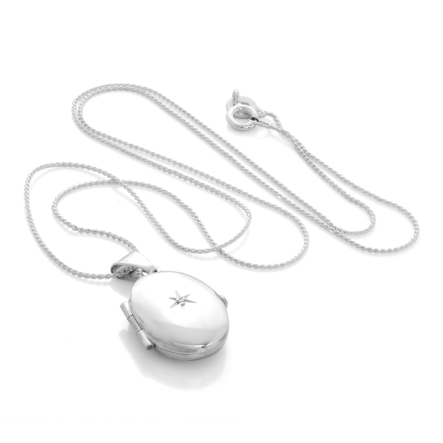 Kleines ovales Sterling Silber Medaillon mit Diamant an Kette