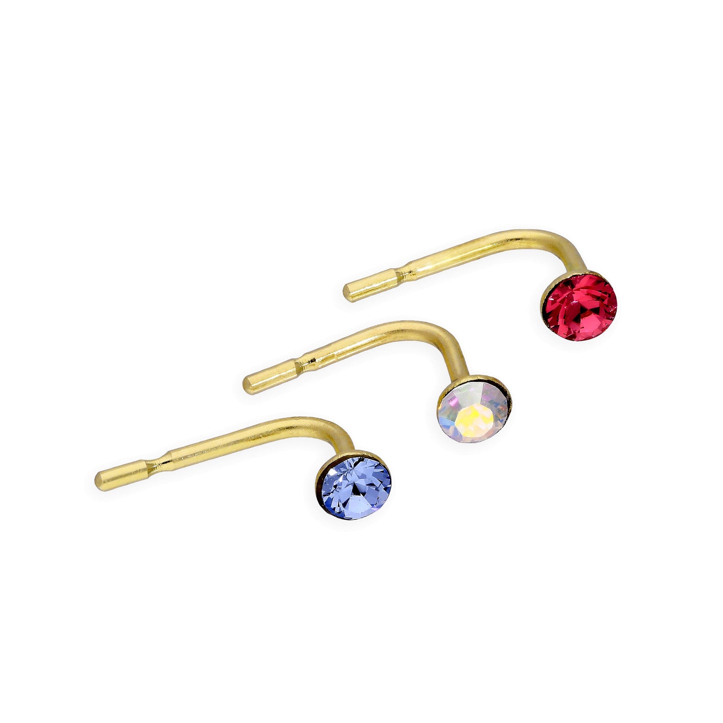 3er Satz 9 Karat Gold & Farbigem CZ Kristall 23Ga Nasenstecker Blassrosa Blau Regenbogen