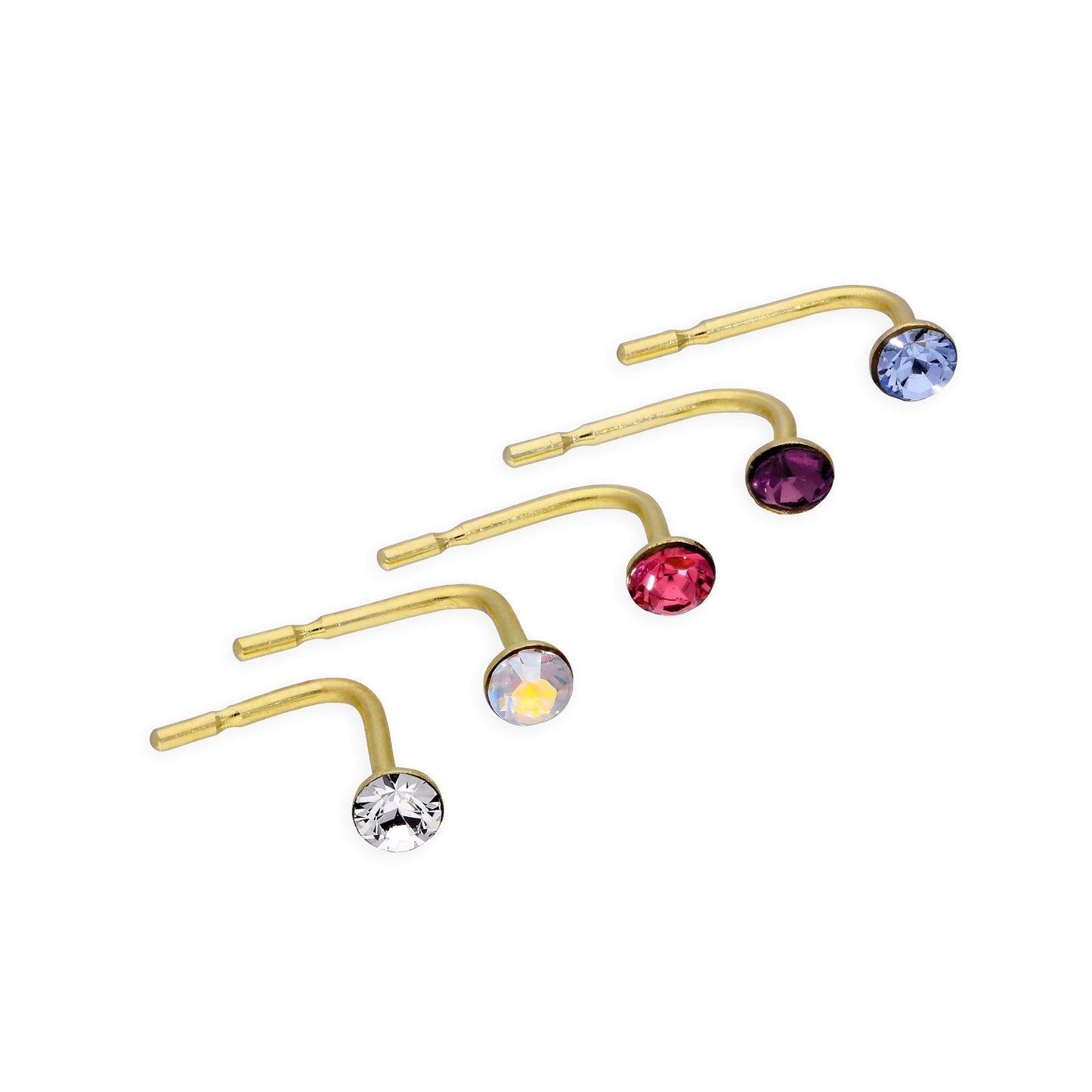 5er Satz 9 Karat Gold & CZ Kristall 23Ga Nasenstecker Rosa Lila Blau Klar Regenbogen