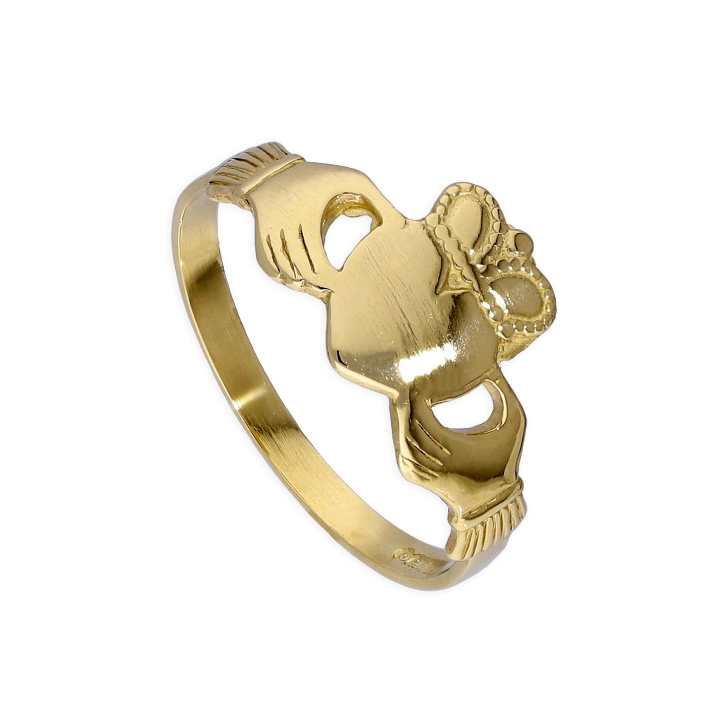 9 Karat Gold, gravierbarer Claddagh-Ring für Teenager, Größe F – M