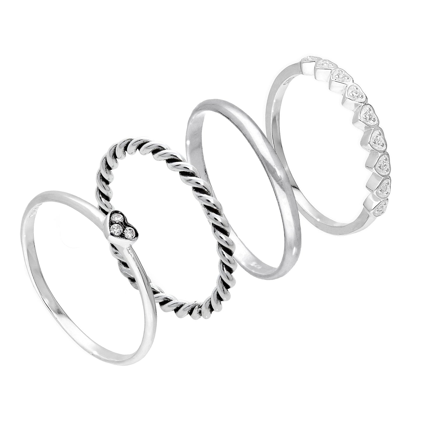 Sterling Silber CZ Love Hearts verdrehte schlichte Stapelringe im Set