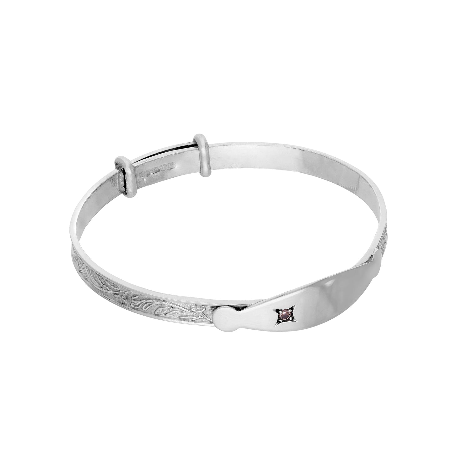 Sterlingsilber Verstellbar Säugling Namensschild Armreif mit Rosa CZ Kristall & Flora Motiv