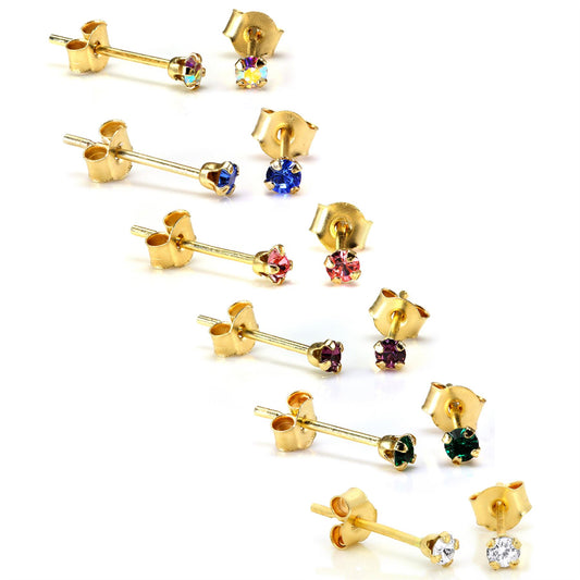 9ct Gold 2mm runde Kristall-Ohrstecker - 7 Farben