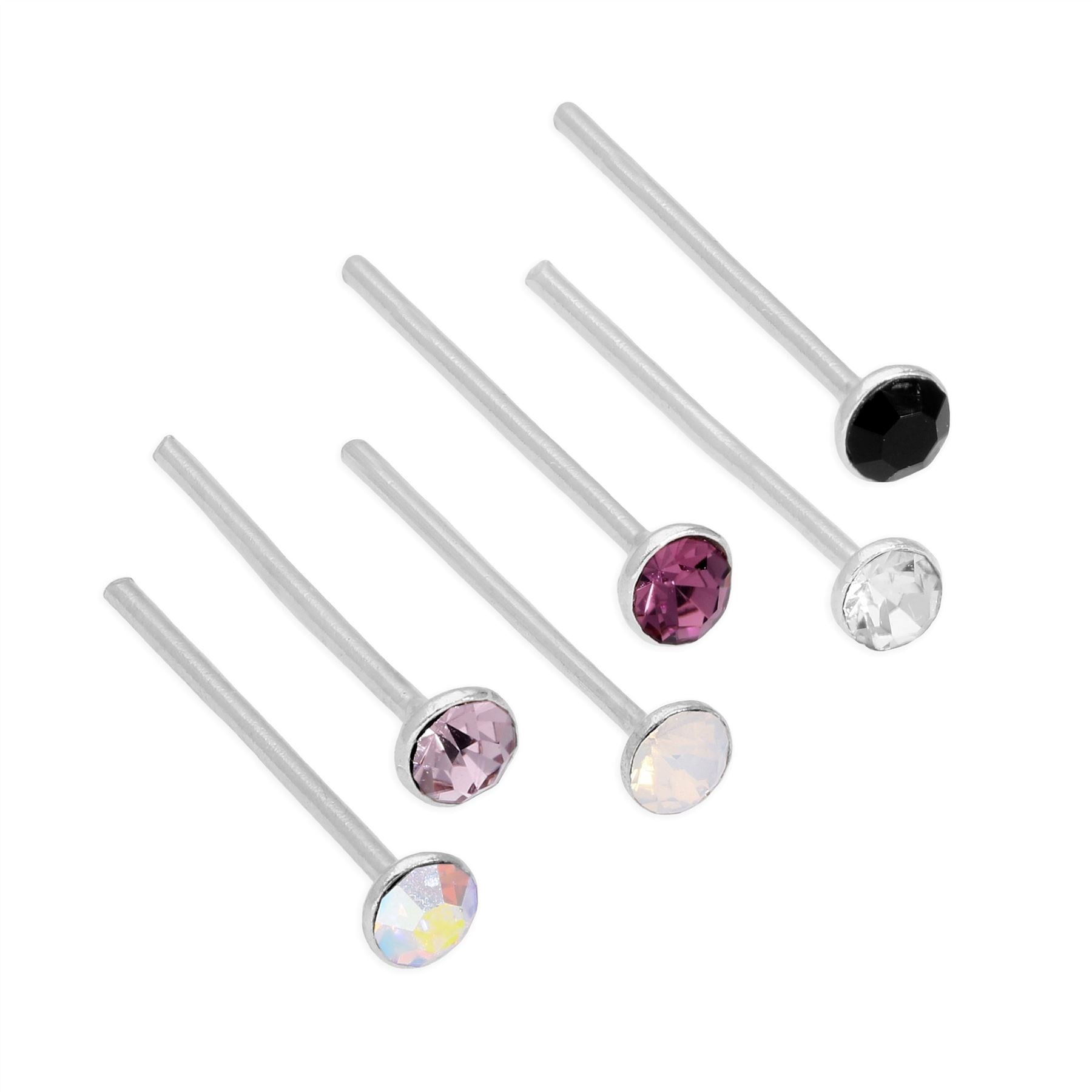 Sterlingsilber & 2 mm runde CZ Kristall 24Ga Bend To Fit Nose Studs - Mixed Colours
