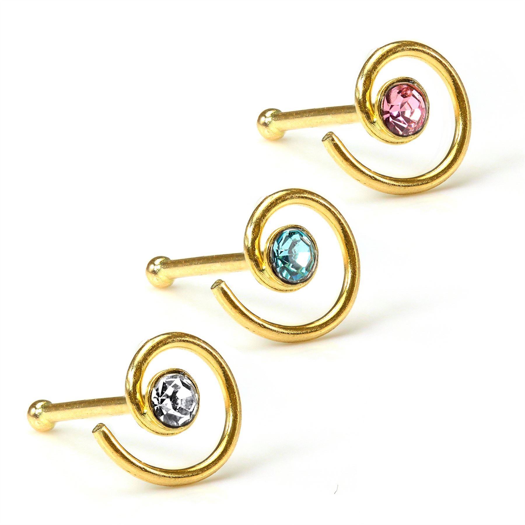 Kugelförmiger 2 mm CZ-Kristall-Spiralnasenstecker aus 9 Karat Gelbgold