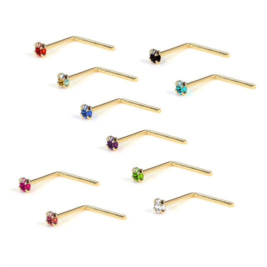 9ct Yellow Gold L-Shaped 1.5mm Round CZ Crystal Nose Stud Pin