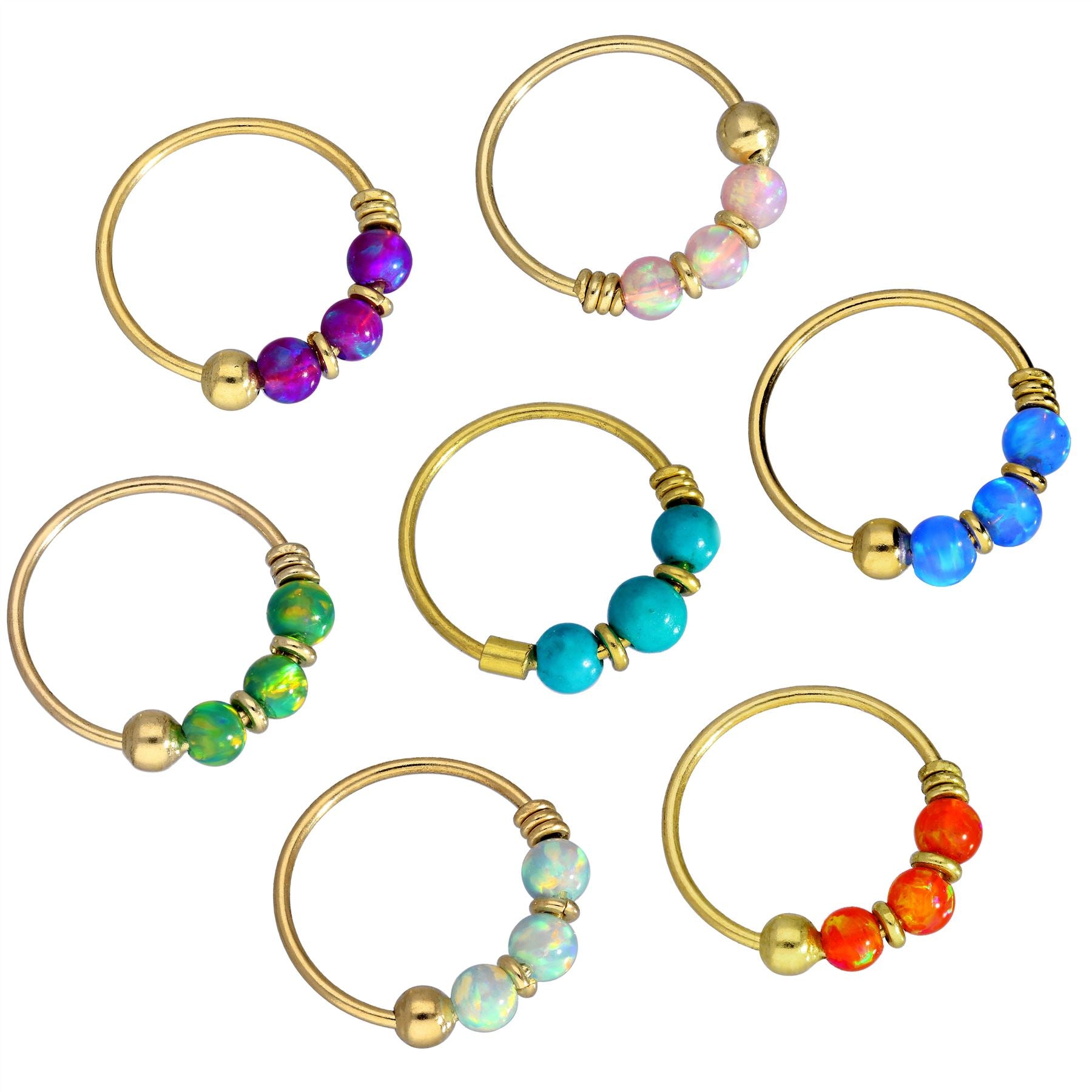 Nasenringe aus 9 Karat Gold und farbigen Opalsteinen Jade Blau Grün Rosa Orange Lila