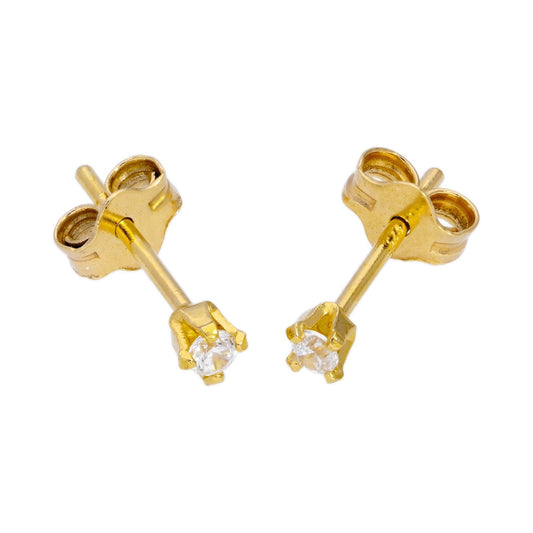 Gold Plated Sterling Silver & 2mm Round Clear CZ Crystal Stud Earrings - jewellerybox