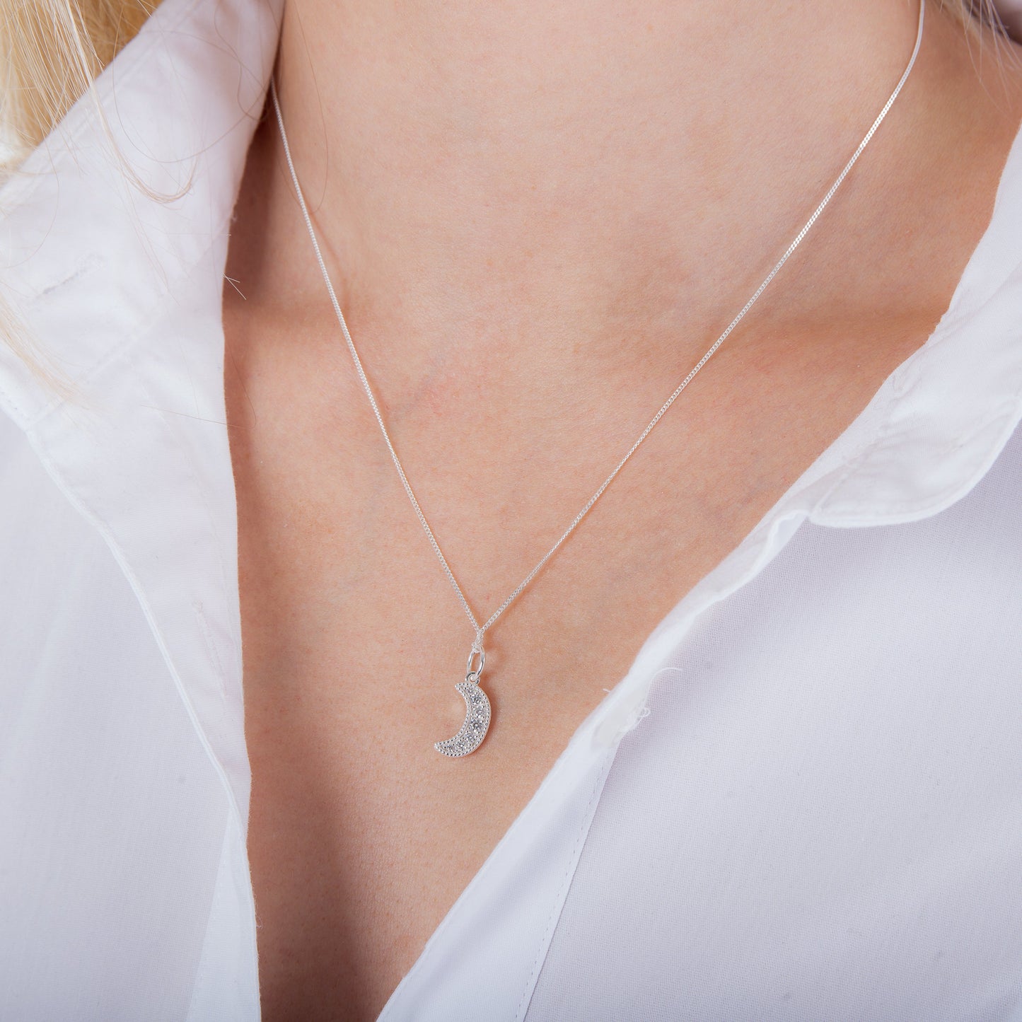 Sterling Silber & CZ Halbmond-Halskette 14–32 Zoll
