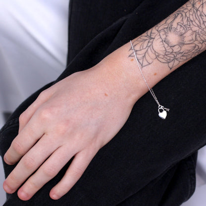 Sterlingsilber Schlüssel & Herz Vorhängeschloss Armband Einstellbar