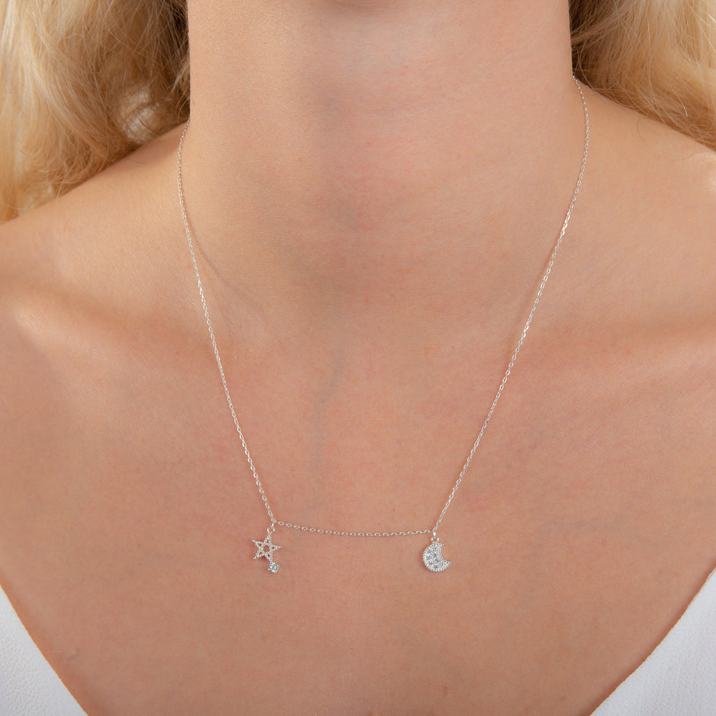 Sterlingsilber Stern & Mond Klar CZ Kristall Halskette